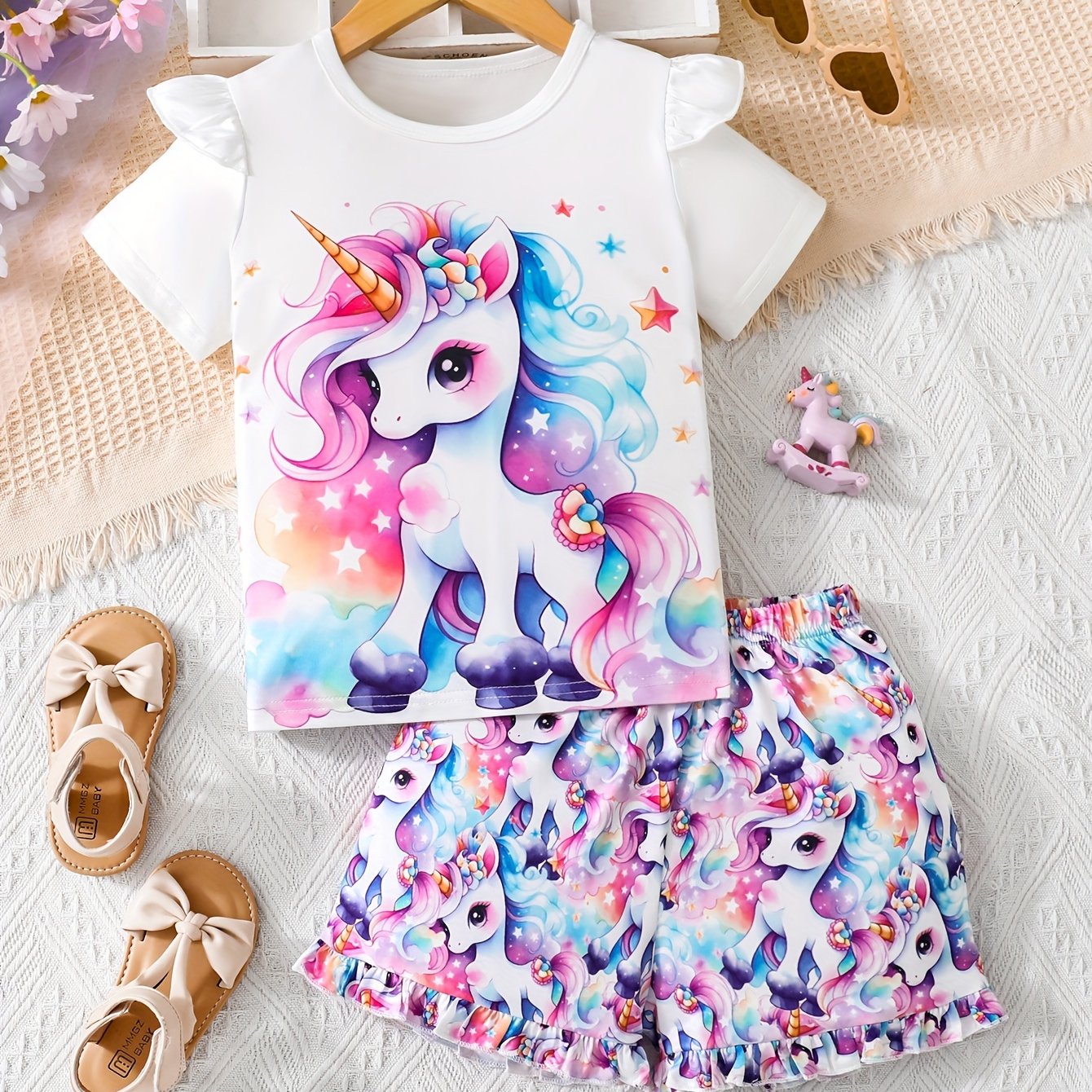 Image of Unicorn Pattern 2pcs Set For Girls, Featuring A Casual Short-sleeve T-shirt And Flared Pants, Perfect For Cute Summer Outfits, For Outdoor