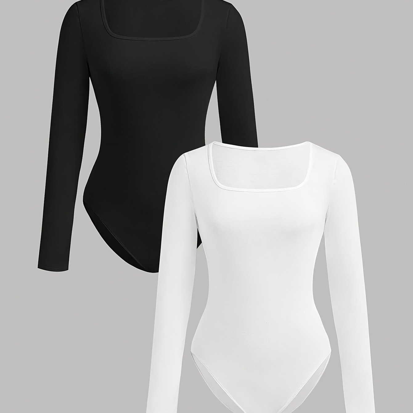 Image of Plus Size - Plus Size - 2pcs Square Neck Slim Fit Jumpsuit, Women's Casual Long-sleeved One-piece Jumpsuit
