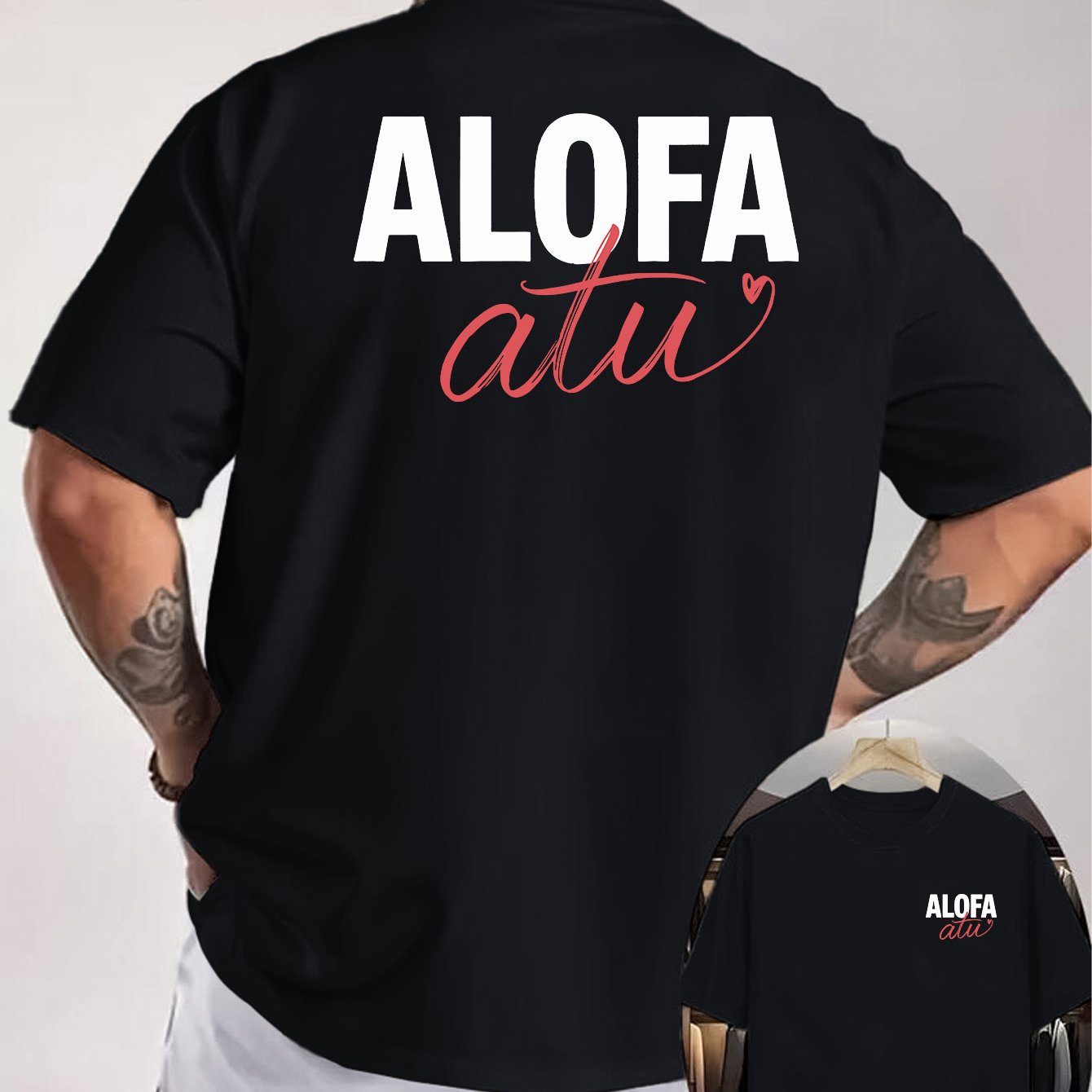 TEMU Alofa Atu Samoan Language Love Slogan Pattern Men's Short Sleeve T-shirt, Large Back Print And Chest Logo Design, Literary , Suitable For Daily