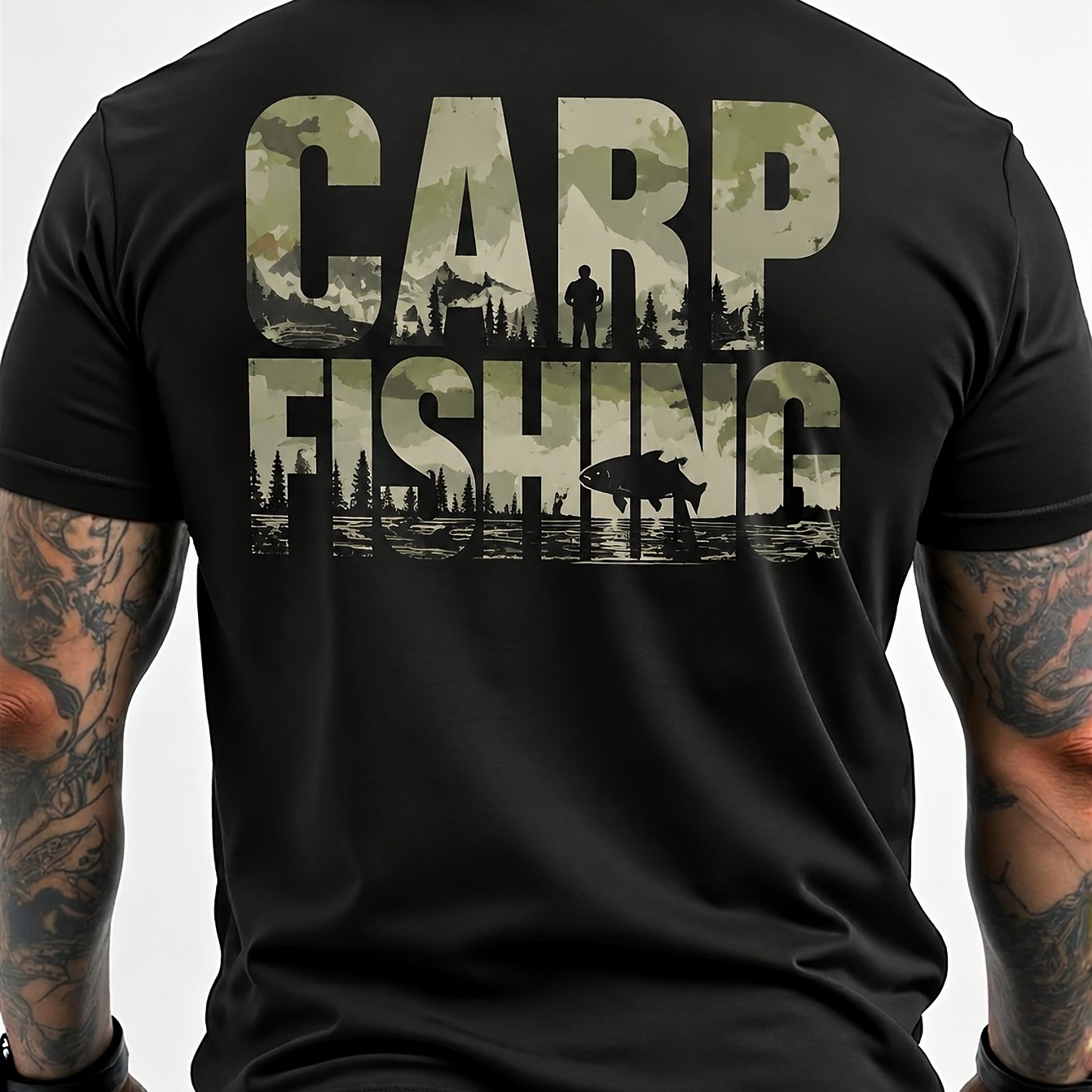 Image of Men's Camouflage Fishing T-shirt With Carp Print & Camo - Short Sleeve Crew Neck Casual Tee Suitable For , Outdoor Wear, Machine Washable, - For Daily Use And Weekend
