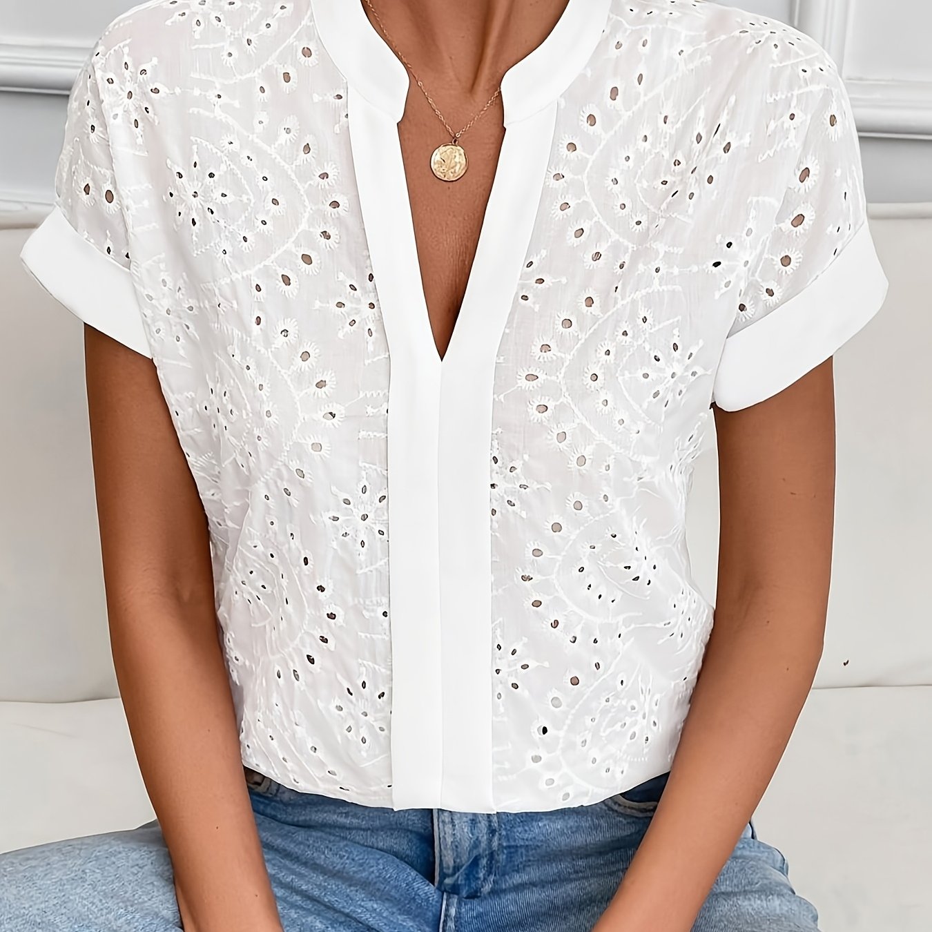 TEMU Elegant Party Women's Wear, , Beautiful Women's Blouse, Elegant And Chic Shirt, Shirt, Fashionable Shirt, Casual Shirt, Hollow Embroidery Shirt,