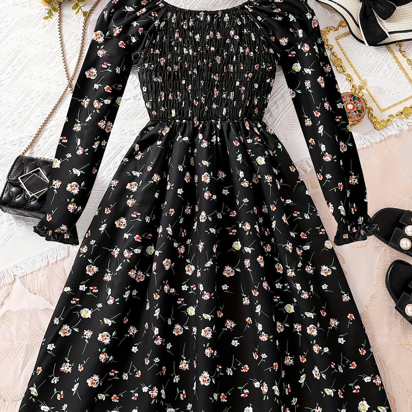 Image of Vintage Black Floral Square Neck Dress With Ruffle Sleeves, Elastic Waist And Flared Hem, Girls' Vintage Bohemian Sun Dress, Suitable For Beach Vacations And Daily Casual Wear