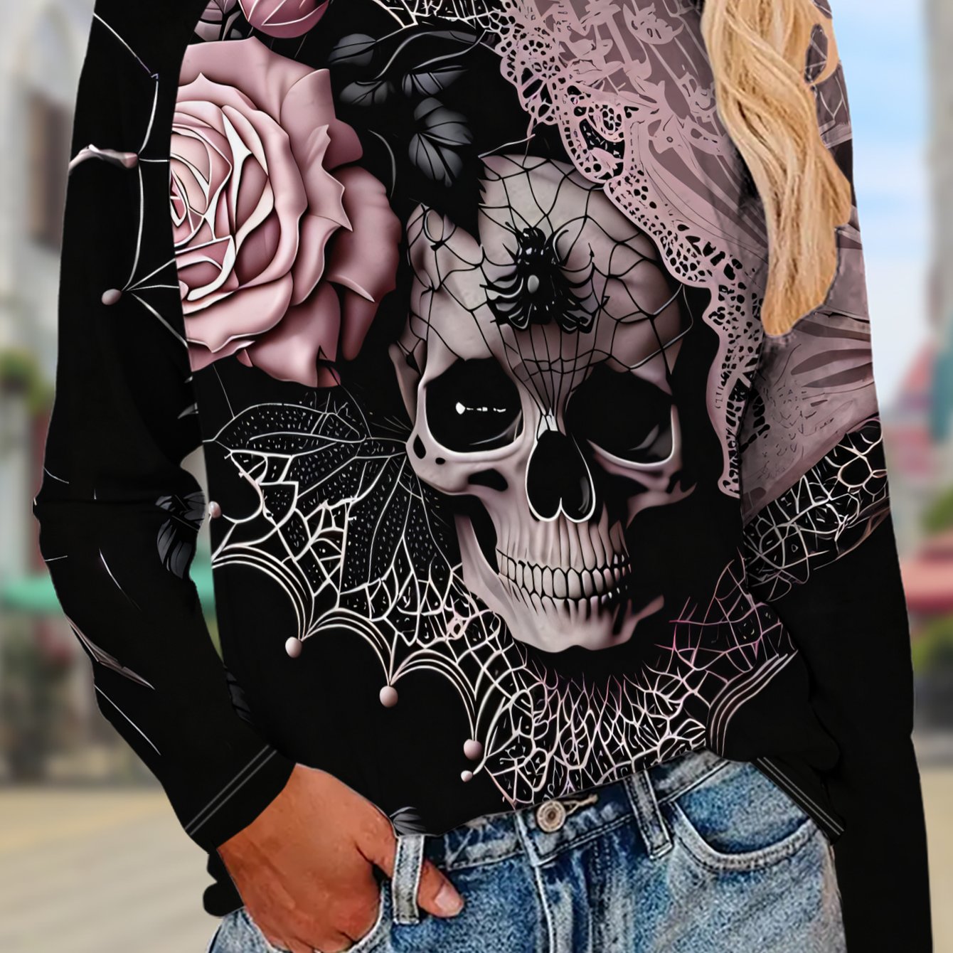 TEMU Women's Long-sleeve Top Featuring A Skull With Pink Lace And Roses, Set Against A Black Background With Spiderwebs And Dark Leaves, Showcasing A