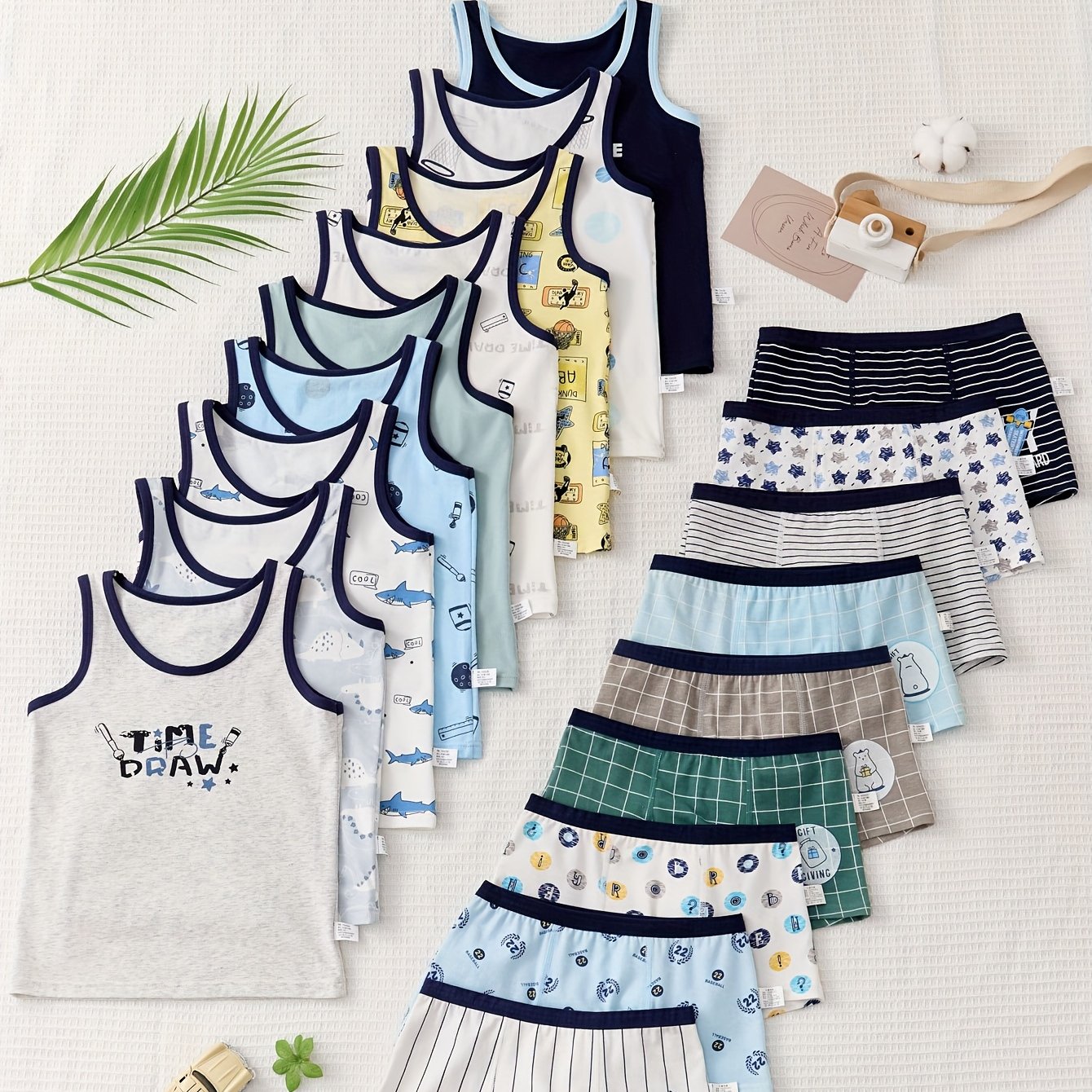 3-pack Random Set: 3 Sets/6-pcs Random Boys' Sleeveless Tank Tops + Boxer Briefs Set. Double-layer Gusset For Extra Security. Made From Soft, Cool, And Lightweight Fabric. Features Cute . Suitable For