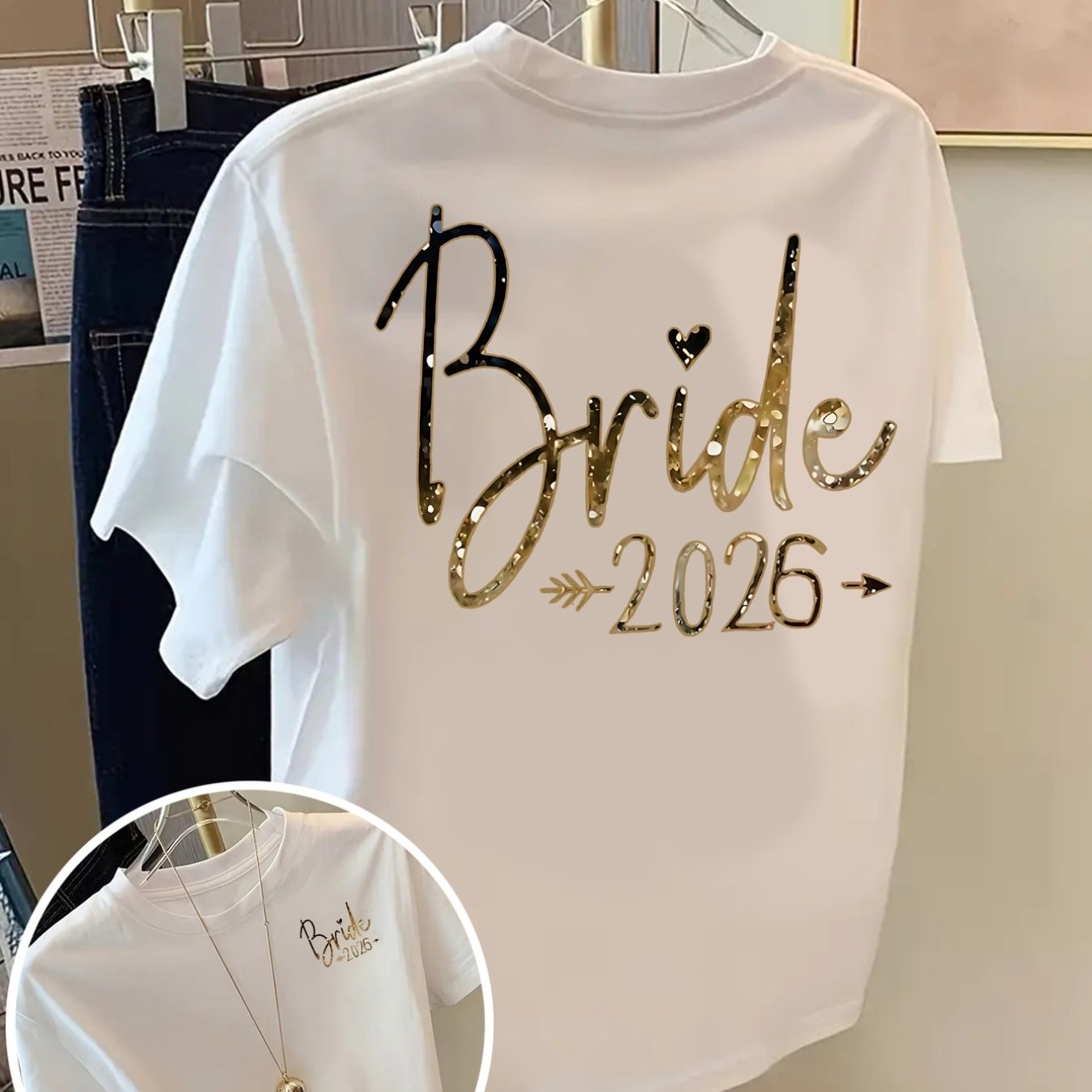 TEMU Front And Back Short Sleeve T-shirt Bride 2026, Wedding Print Women's Spring And Summer Trendy Print T-shirt, Fashionable And Trendy Item