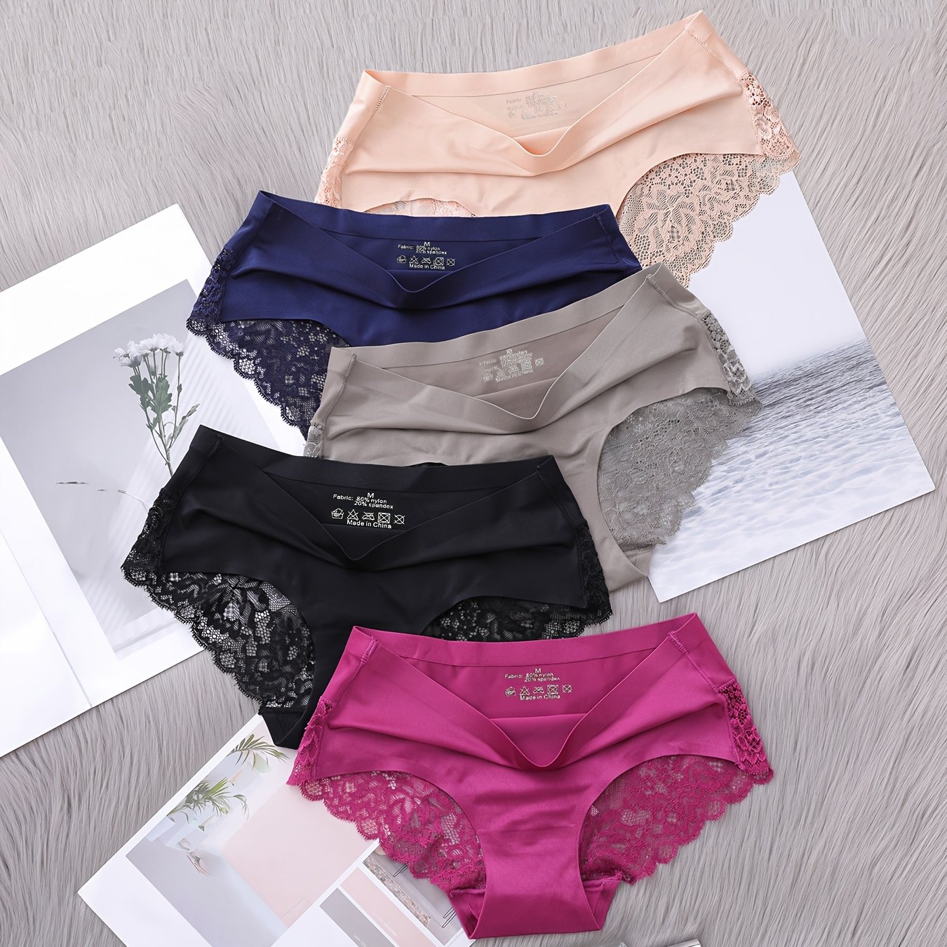 5-pack Solid Color Briefs With Contrast Lace, Mid Rise, , Women's Panties