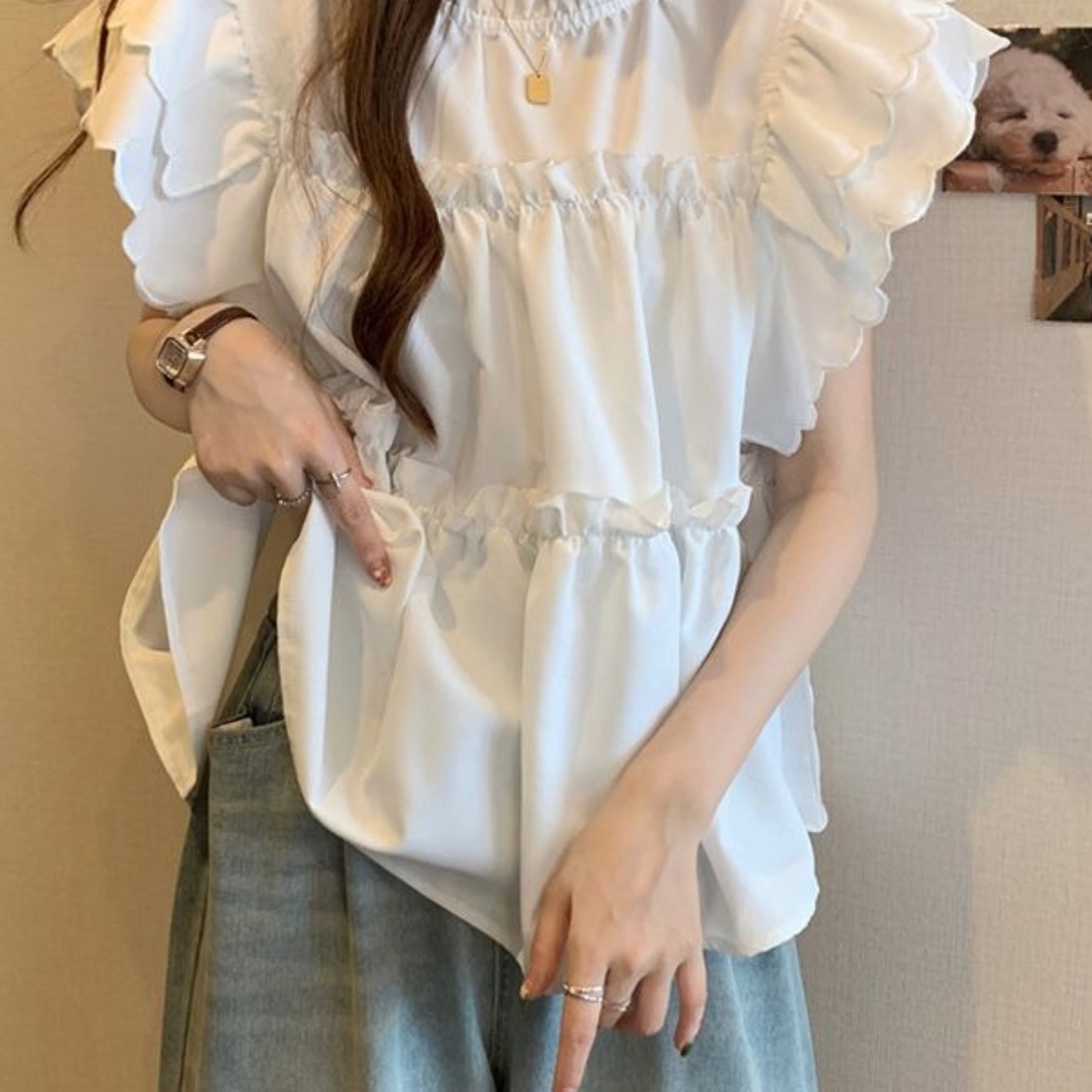 TEMU 【商品名】おしゃれなフリル付きルーズな半袖シャツ レディース、夏の新作フレンチブラウス。腹部を隠し、効果的なデザイン。