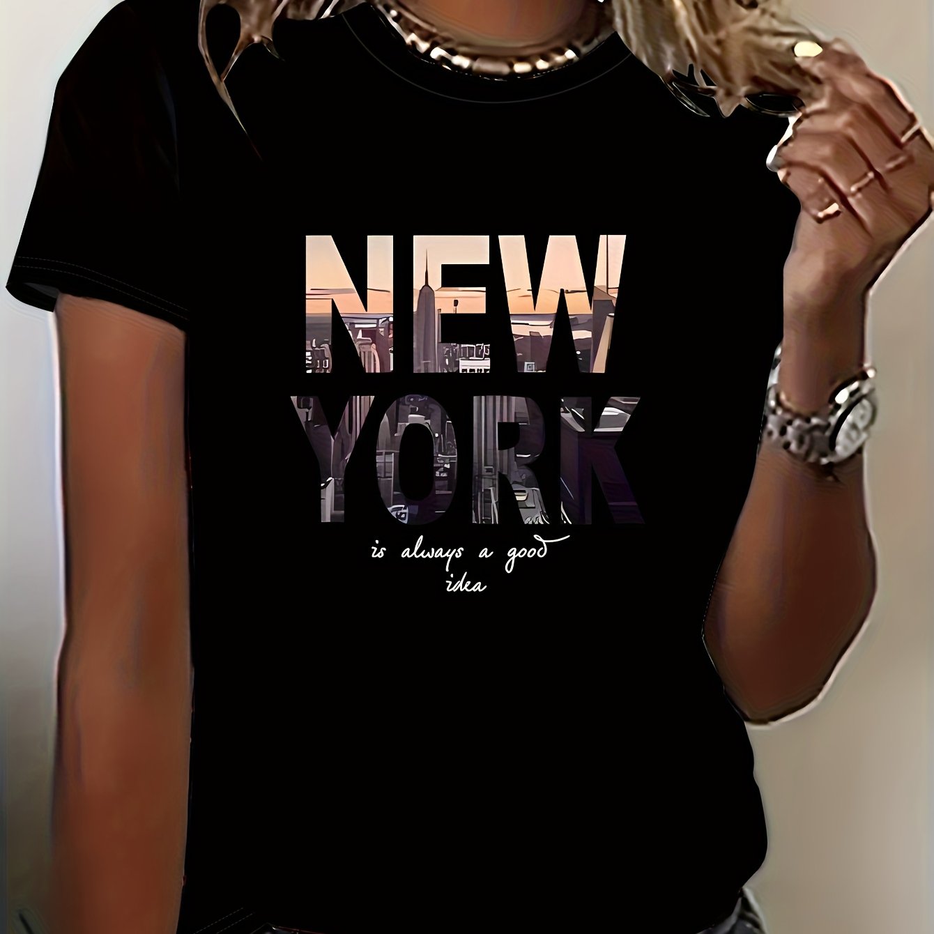 Image of New Women's Letter And Landscape Print T-shirt, Spring Summer Casual Fashion Short Sleeve Tee