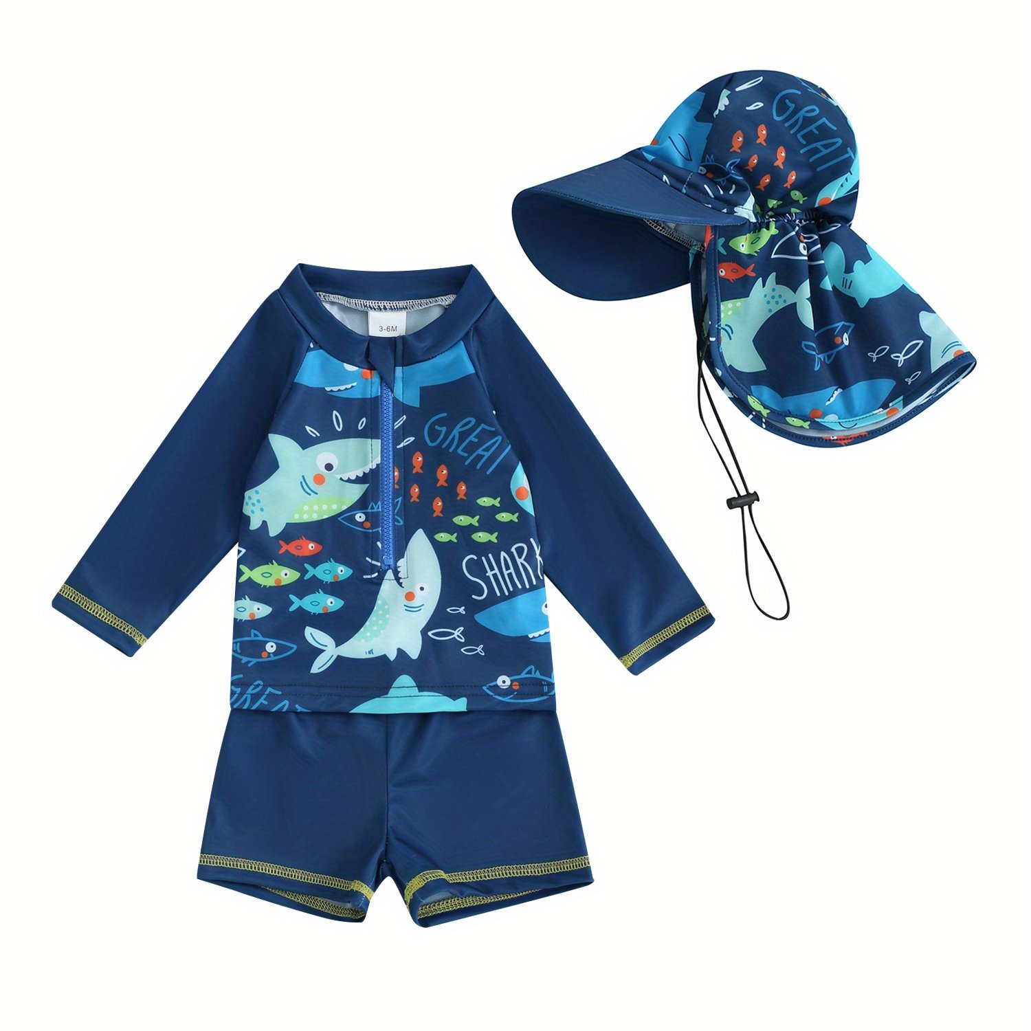 TEMU Baby Boy 3pcs Rash Guard Swimsuits Cute Fish Print Long Sleeve Zip Up Bathing Suit Swimwear, Swimsuit, Swimwear, Swimsuit, Design, Durable