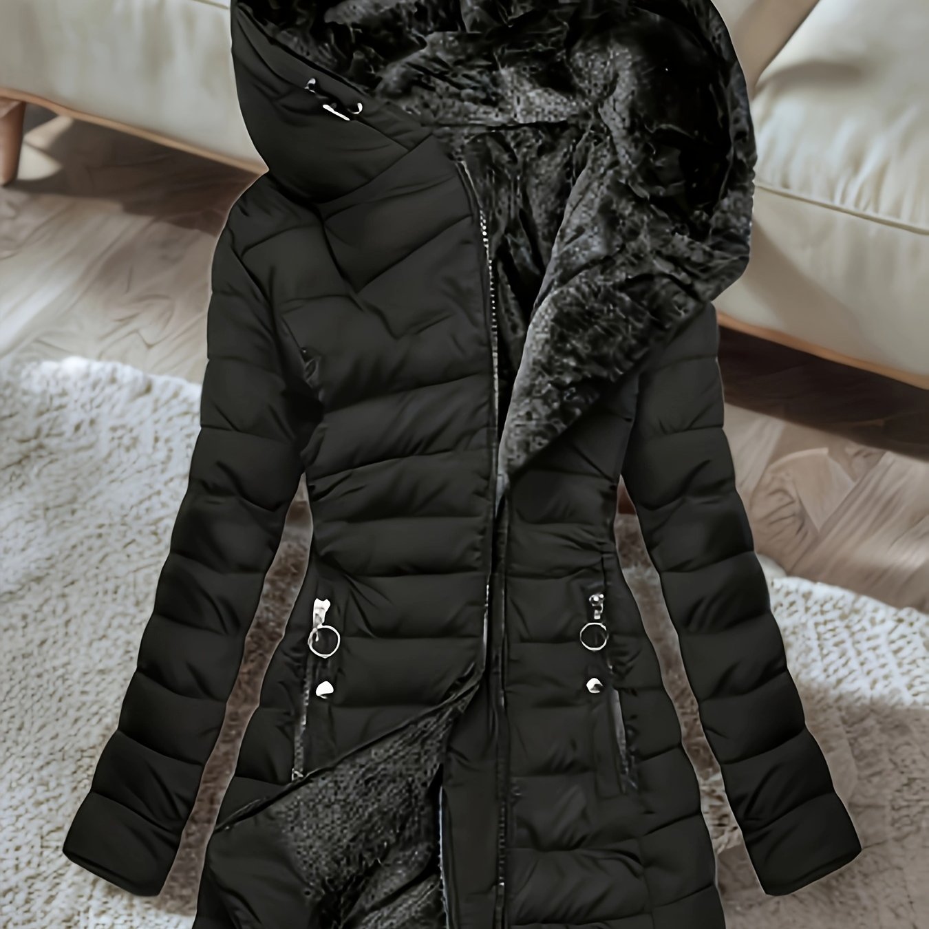 TEMU Winter New Mid-length Fleece-lined Warm 's Hooded Coat, Premium Fabric, Lightweight Design, Contouring Fit, Suitable For Occasions, Urban Or