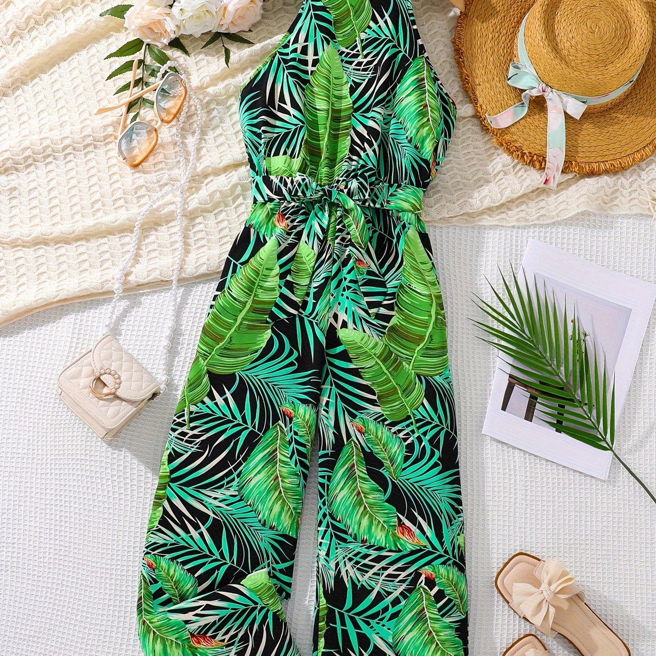 Image of Girls Stylish & Casual Allover Tropical Leaves Print Belted Cami Jumpsuit For , Oshiyu, Perfect For Outdoor