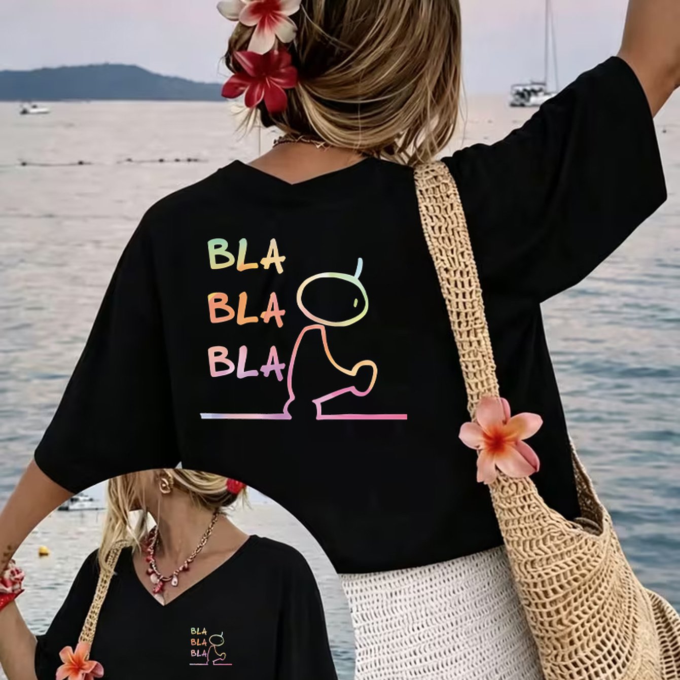 TEMU Plus Size, Plus Size V Neck T Shirt Women 1xl-8xl Oversized Summer Top| Funny Doodle Tee| " Bla" Speech Bubble Loose Blouse