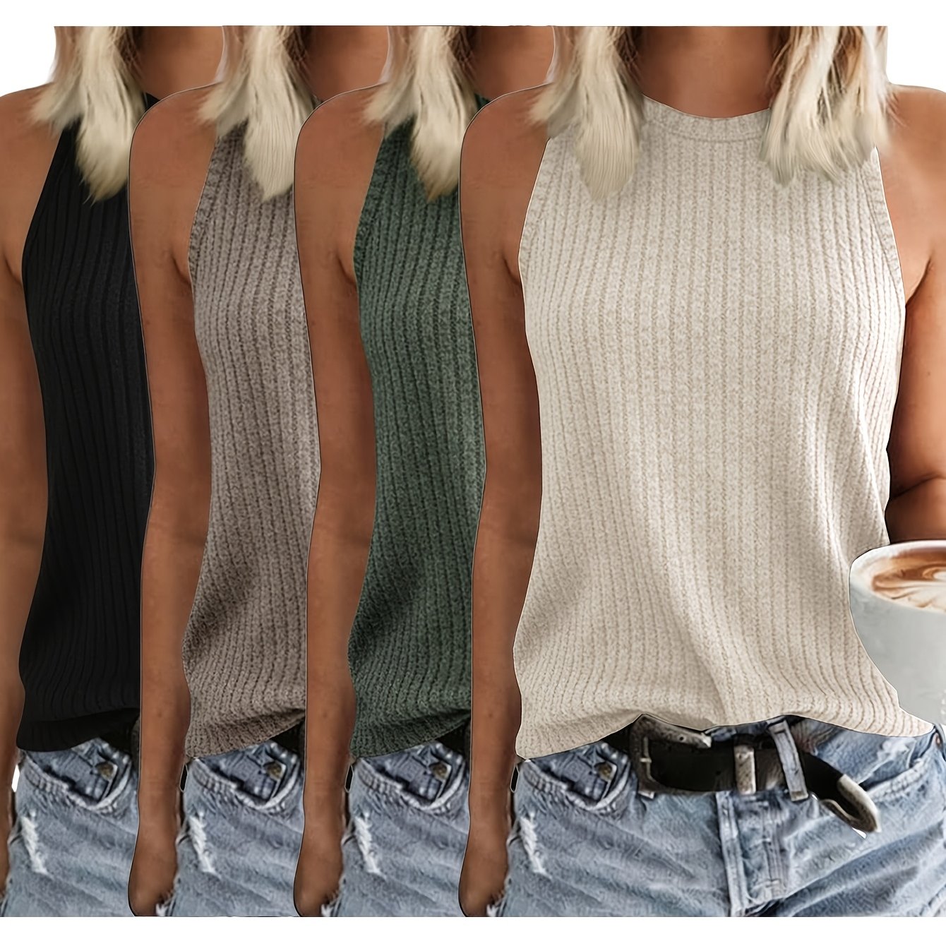 E-shop 4-teiliges Set Damen bequemes Freizeit-Top, lockeres Shirt im Basic-Stil, modisches elegantes ärmelloses Weste mit Rundhalsausschnitt