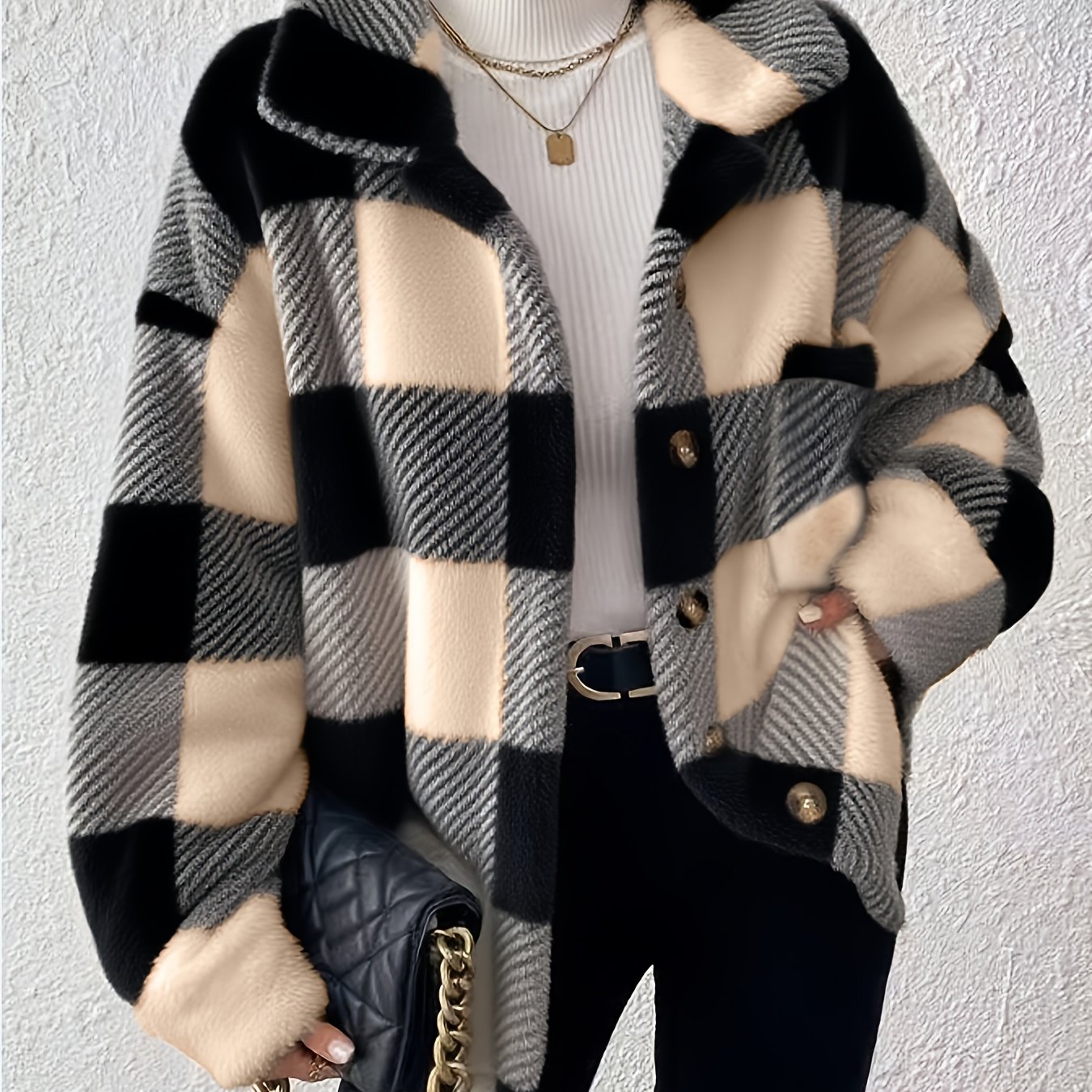TEMU Elegant Casual Plaid Plush Button-front Jacket, Suitable For Daily Wear In Autumn And Winter