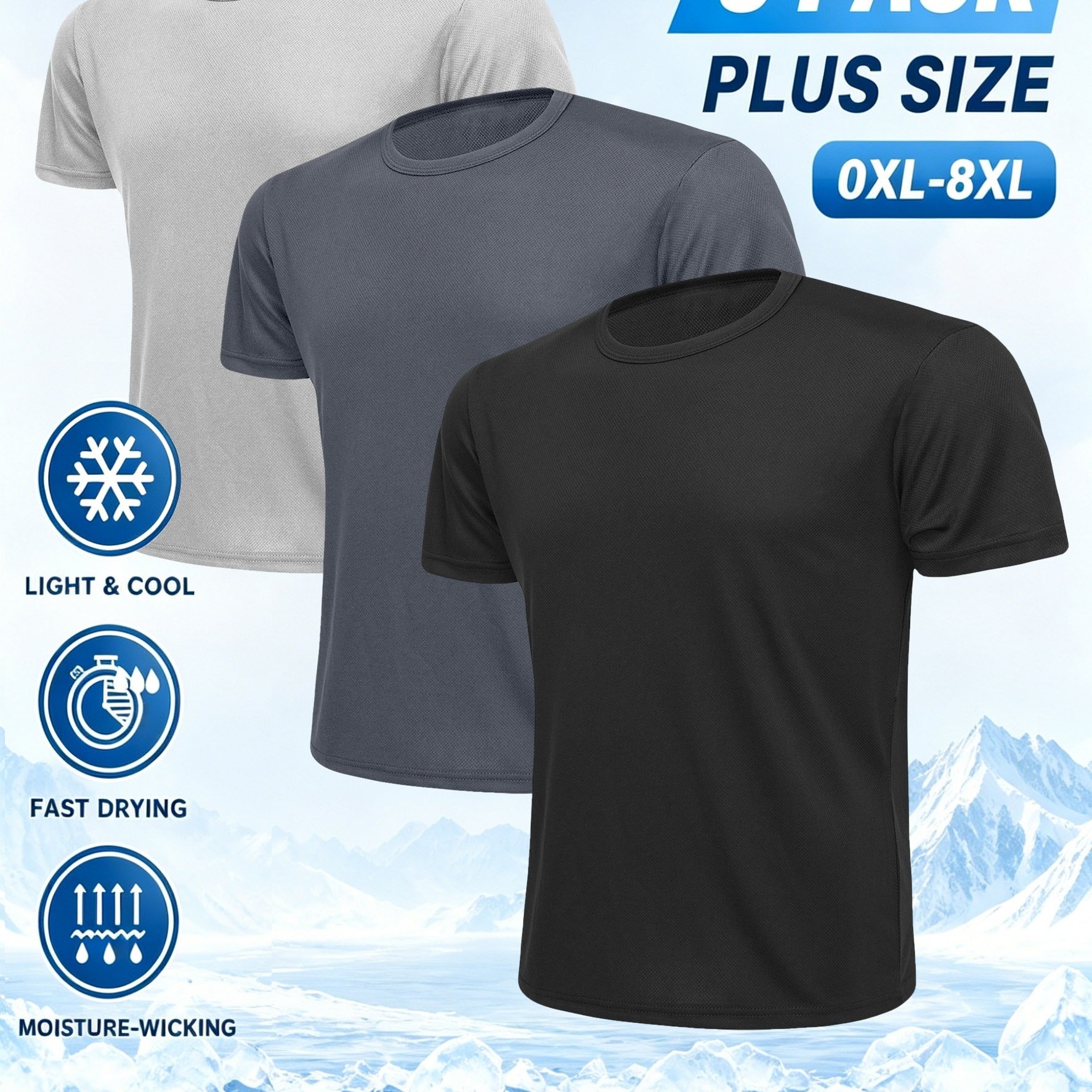 TEMU 3pcs Plus Size Men' T-shirt, Mixed Color, Black And White Dark Gray Blue Red Fluorescent Green, Quick Drying Breathable Round Neck Short Sleeved