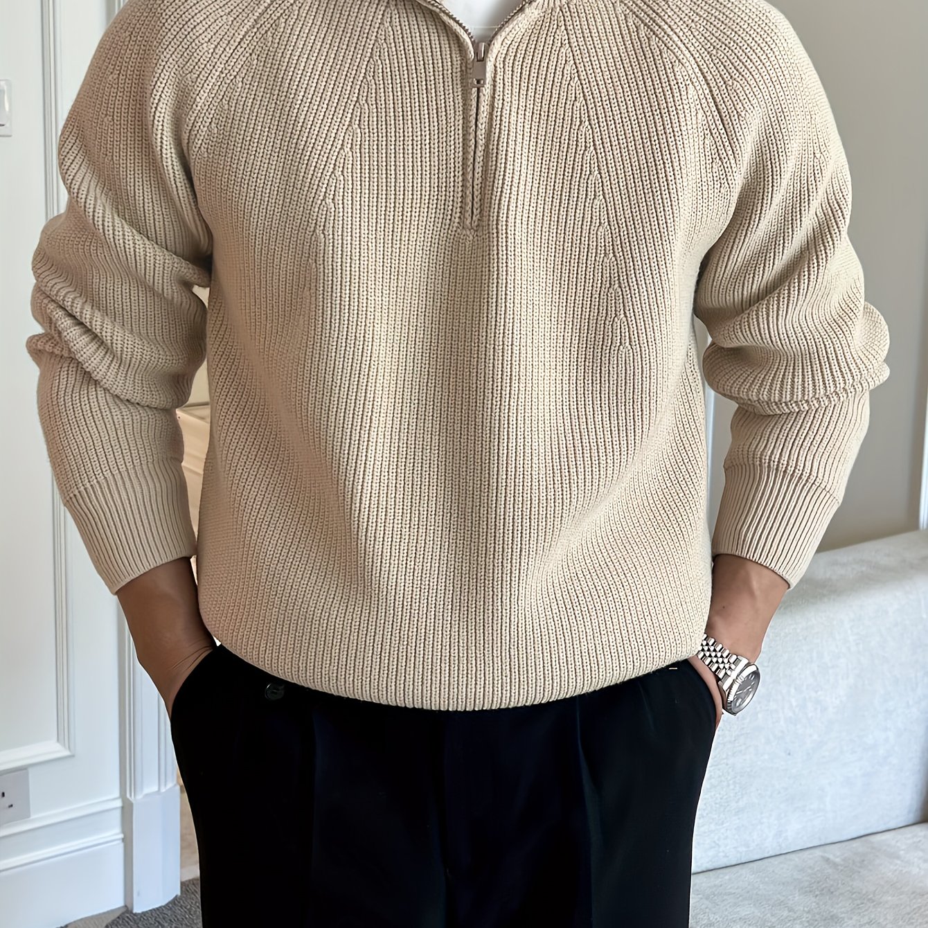 E-shop Herren Pullover in Unifarben mit Minimalistischen Raglanärmeln Dicker Reißverschluss für Herbst/Winter
