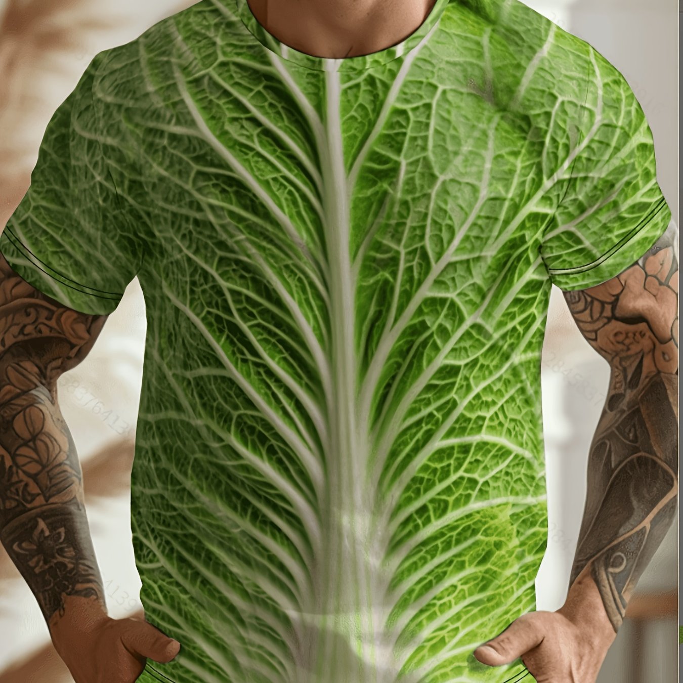 TEMU Men's Full-body T-shirt - Green Lettuce Leaf Design, Breathable Short Sleeve Round Neck Summer Shirt Suitable For Themed Events & Casual Wear,