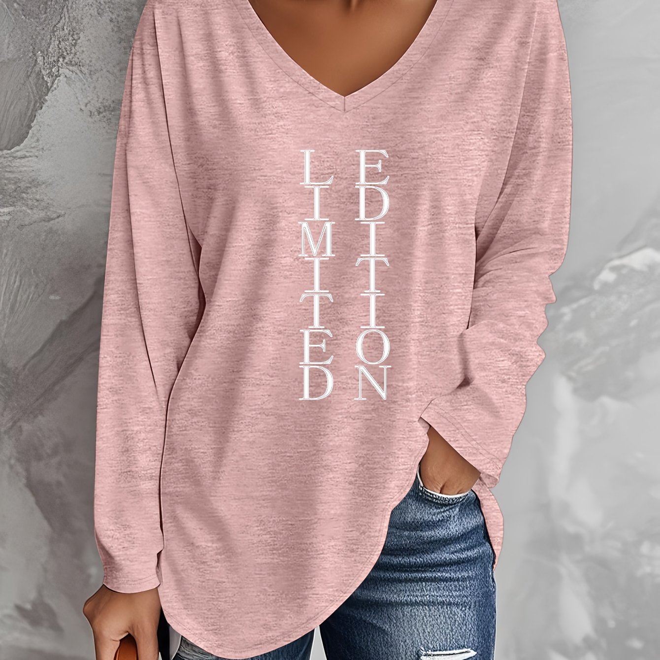 TEMU Plus Size - Plus Size - Spring And Summer Plus Size Women's Fashion Letter Long-sleeved V-neck T-shirt, Rayon Component - To Care For, Machine
