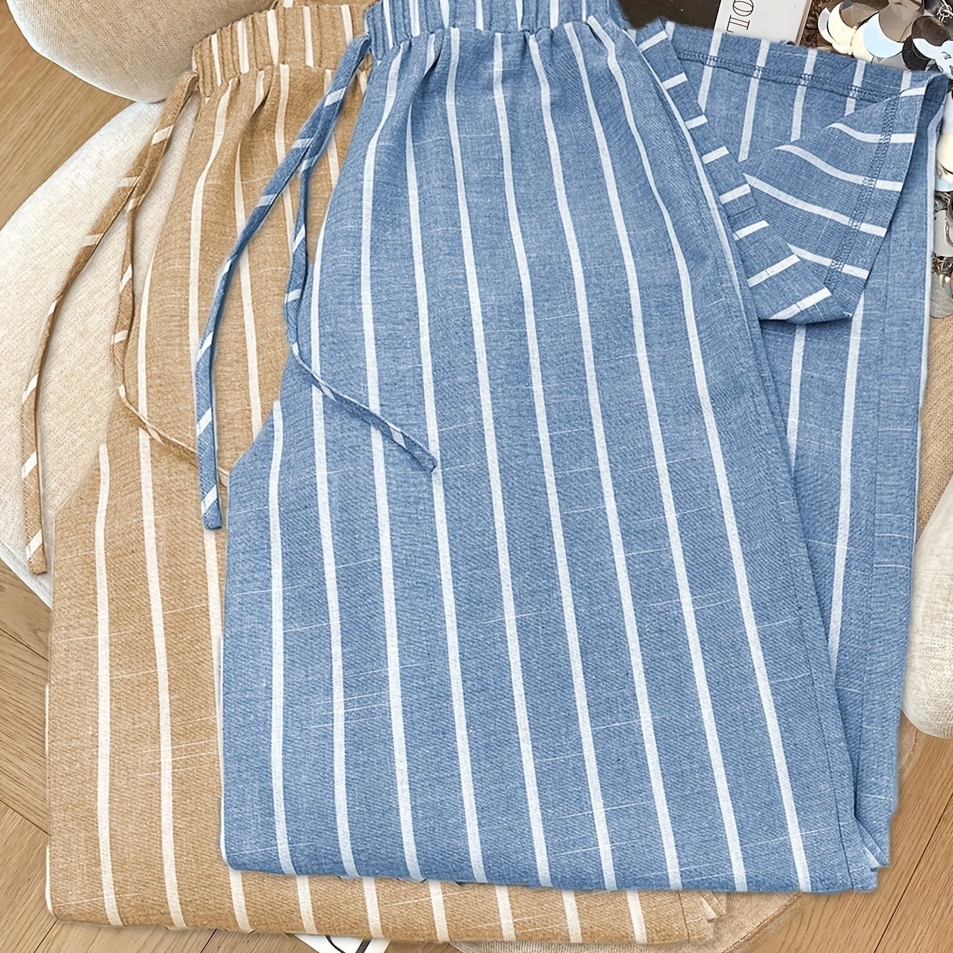 E-shop 2er-Pack Damen-Herbst-Langunterhemden, Lässige Alltagskleidung, + Khaki Gestreift, Rückverfolgbarer Bambus mit elastischem Bund breitem Saum
