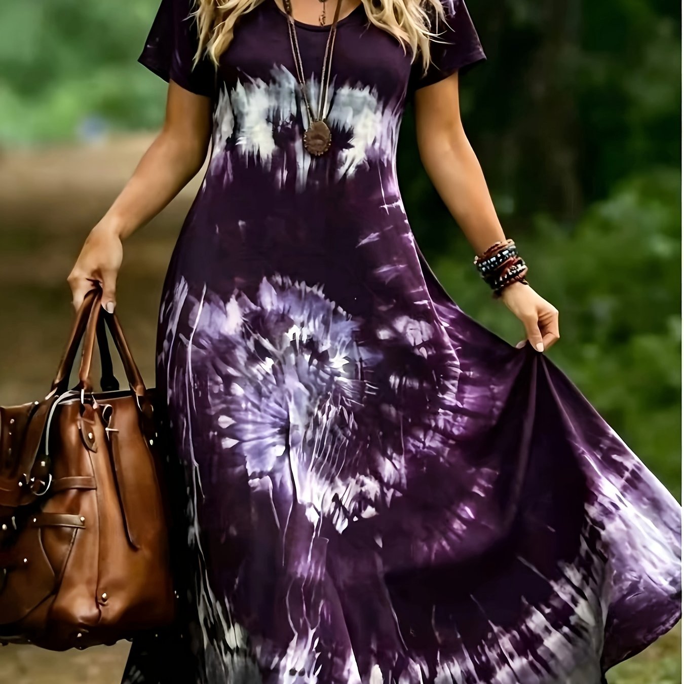 TEMU Plus Size, Plus-size Women's V-neck Dress For Spring/summer, Bohemian Style, Comfortable And Lightweight, Perfect For Beach Vacations,
