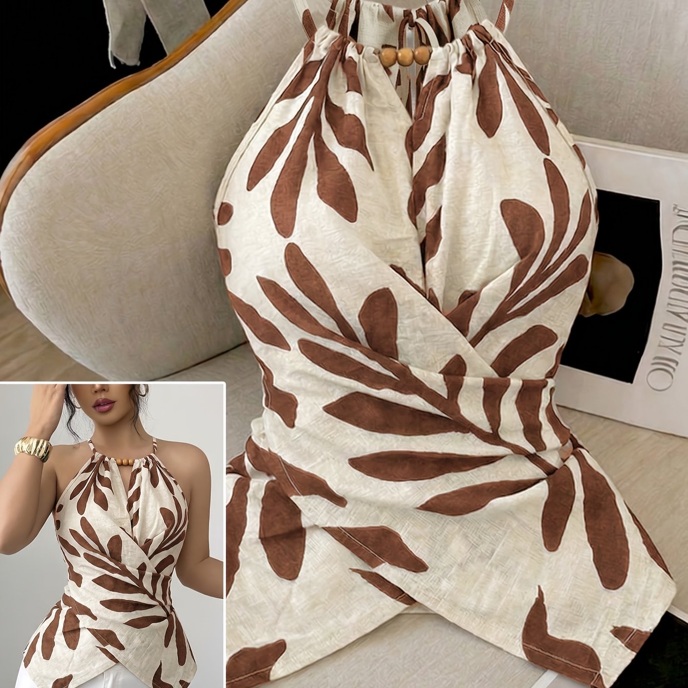 TEMU Women's Casual Vest, Plant Print Cross Back Tie Off-, Suitable For Shopping, Vacation, Beach, Travel, Casual Wear
