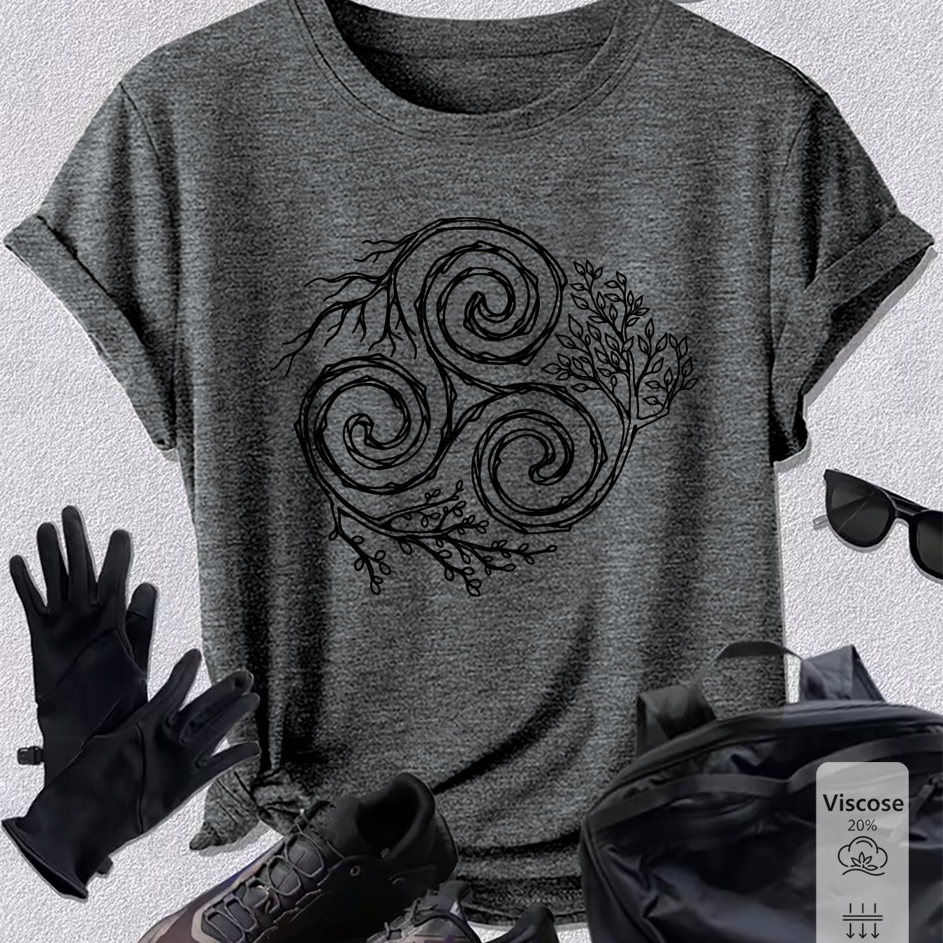 TEMU Women's Celtic Tree Of Life T-shirt - Breathable Short Sleeve Top With Round Neck, Suitable For Gym, Training & Casual Wear, Machine Washable