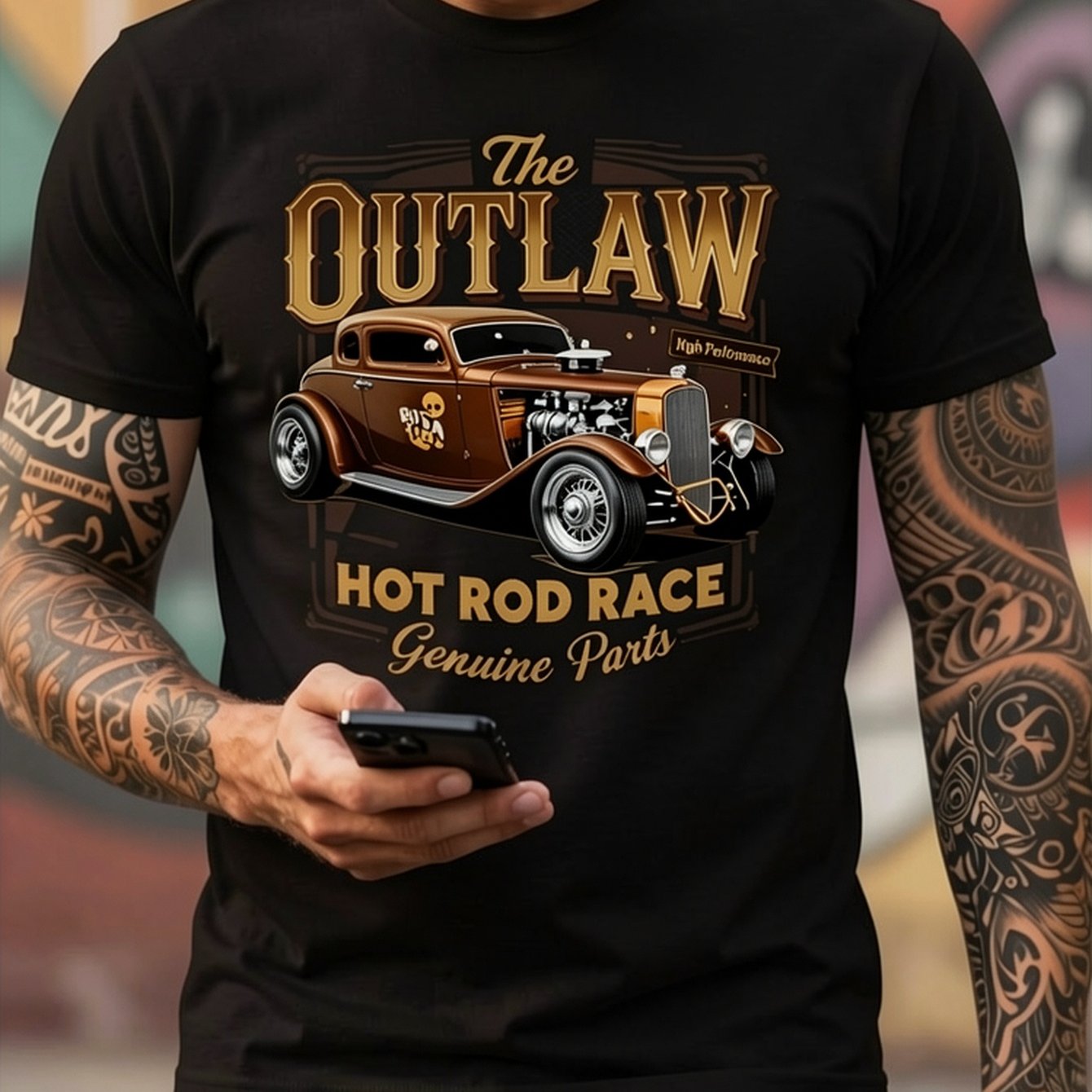 Image of Men's Vintage Hot Rod Car & The Outlaw Motorcycle-inspired T-shirt - 1920s-50s With Hot & , Soft Breathable Cotton Short Sleeve Tee For Casual Summer Wear, Car & Motorcycle Events