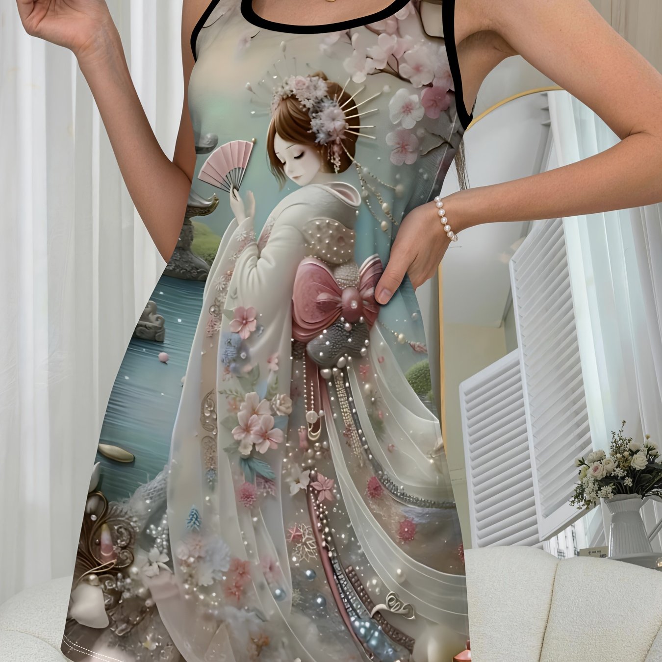 TEMU Nightdress For Women, Spaghetti Strap Home Nightdress Decorated With Japanese-style Cherry And Geisha Prints, Comfortable For Indoor Wear,