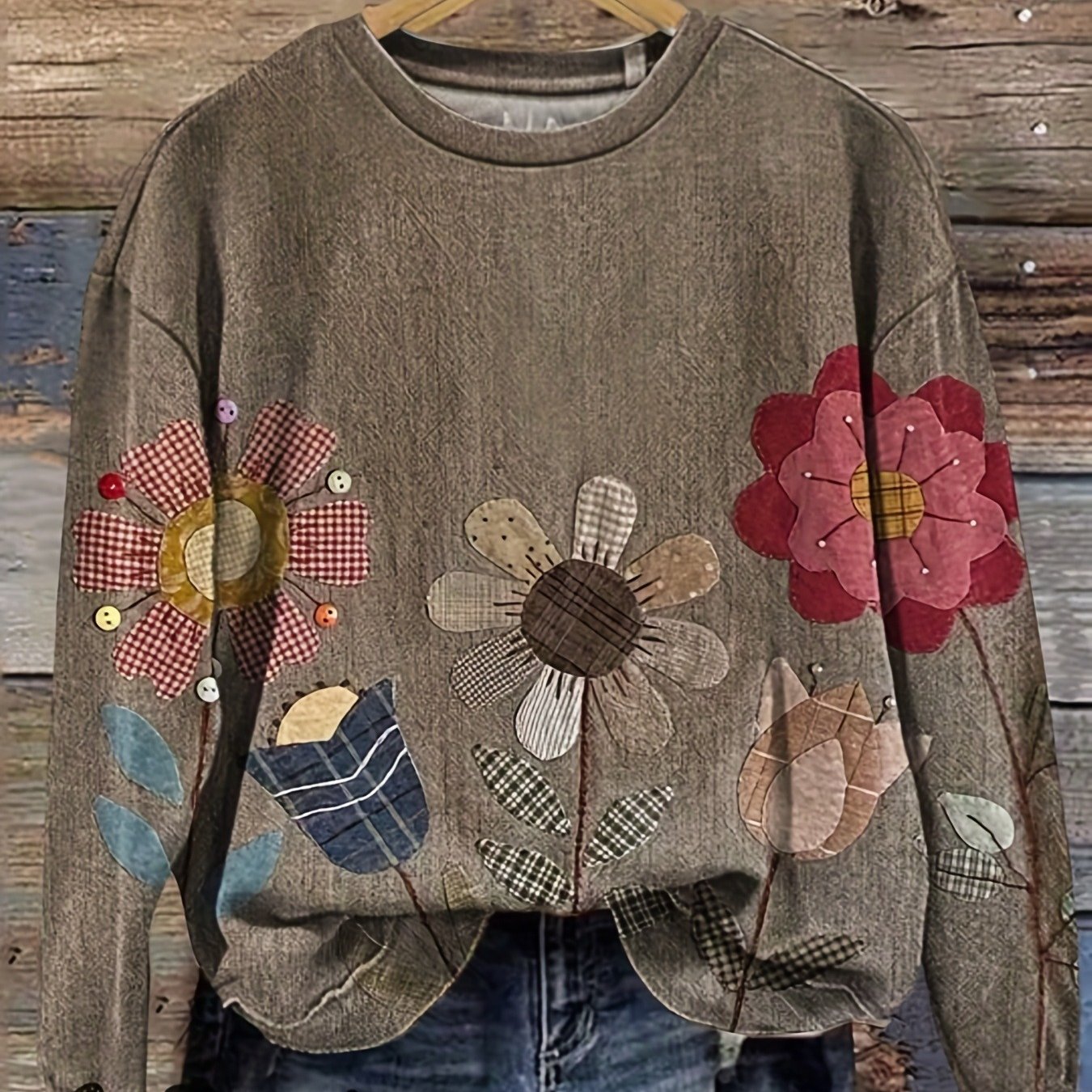 TEMU Women's Retro Floral Print Hoodie Sweatshirt - Soft Brown With Multicolor Design, Cozy Loose-fit Long Sleeve Pullover For Fall , Casual