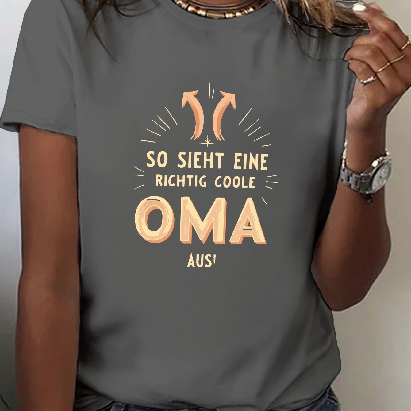 Image of German Grandma Print T-shirt, Short Sleeve Crew Neck Casual Top For Summer & Spring, Women's Clothing
