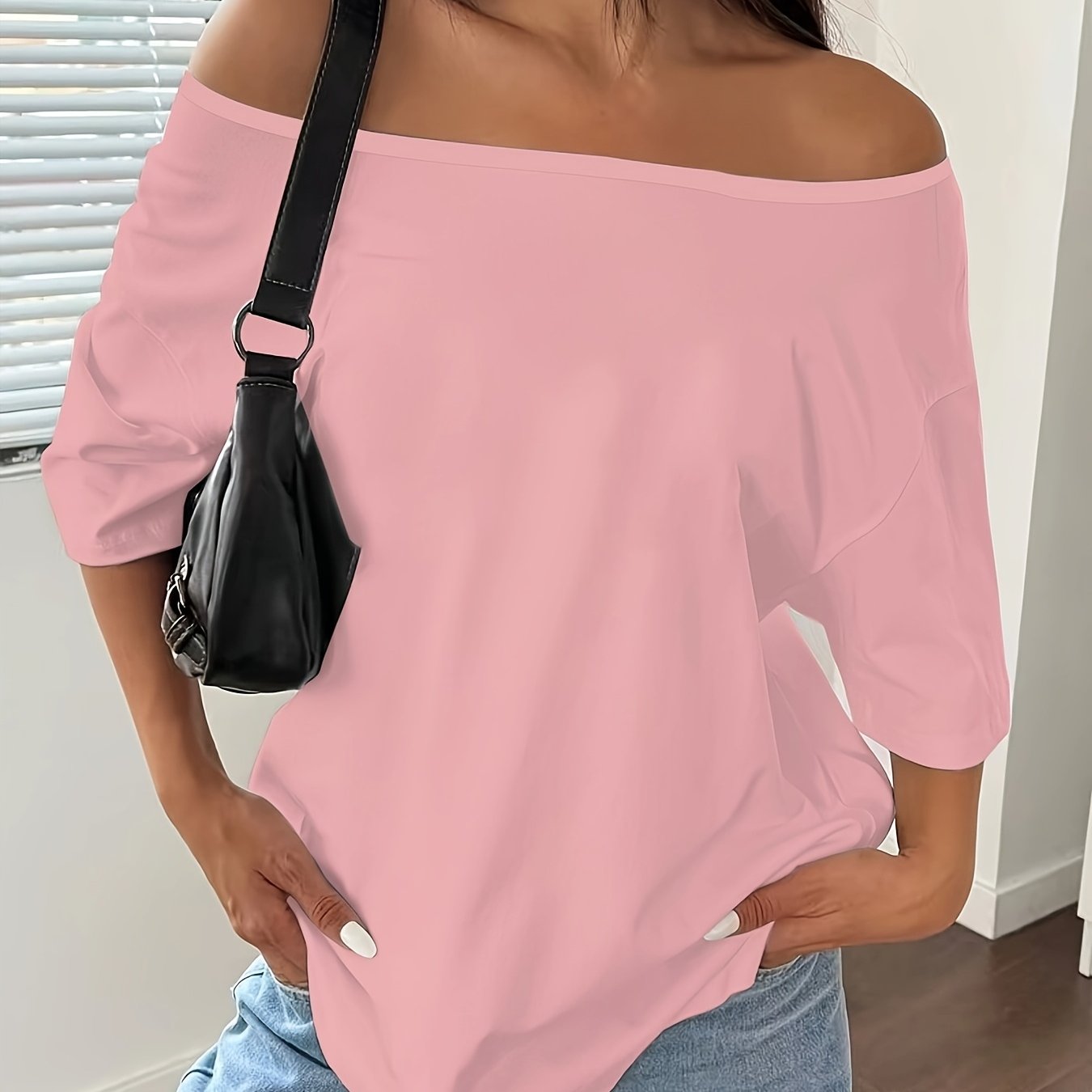 TEMU Western Women's Summer Loose Off-shoulder Square Neck Short Sleeve T-shirt Casual -wear Loose Fit Short Sleeve T-shirt, Pink Solid
