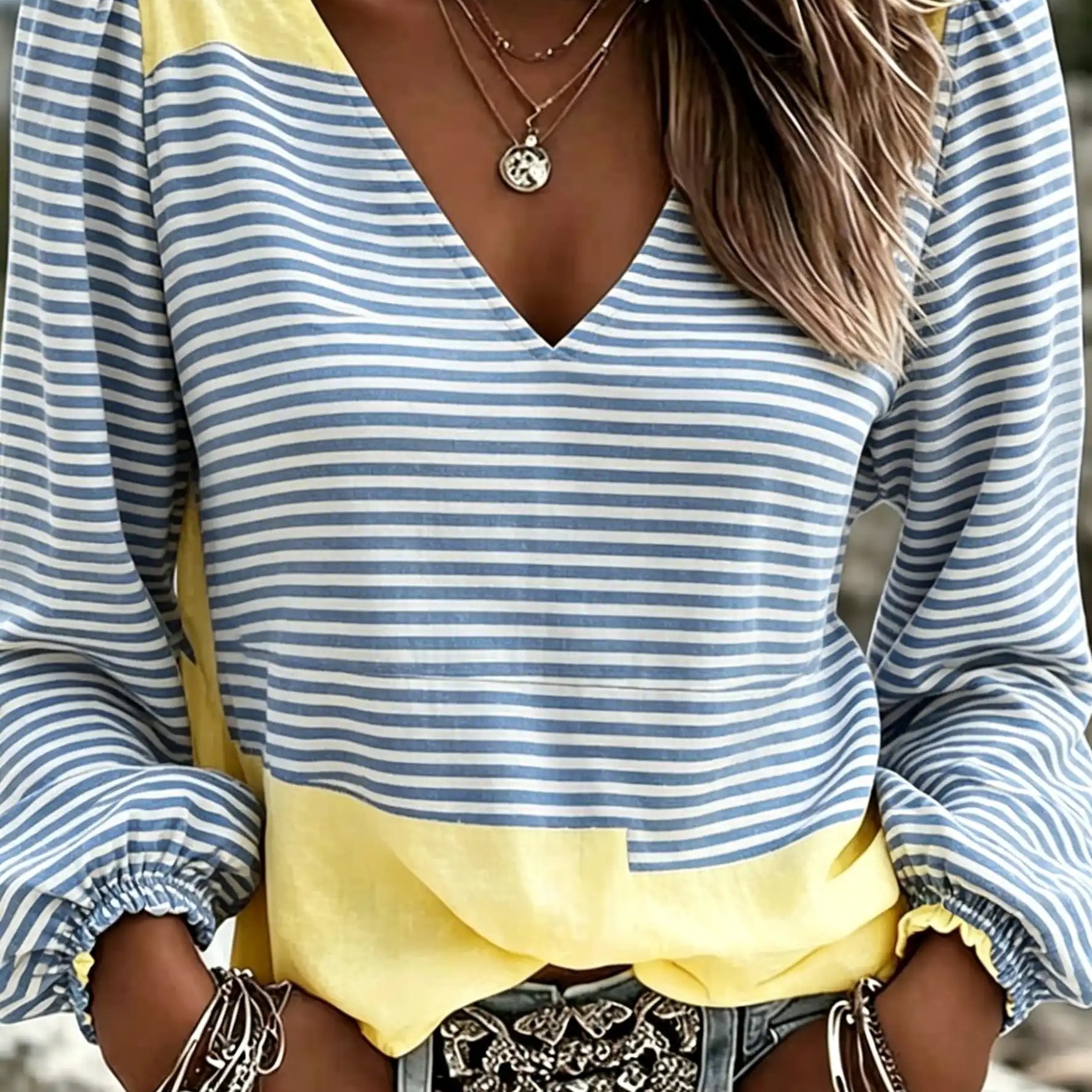 Striped Long Sleeve Blouse With Yellow Panel, Blue And Casual Summer Top For Women, Beach Vacation Outfit