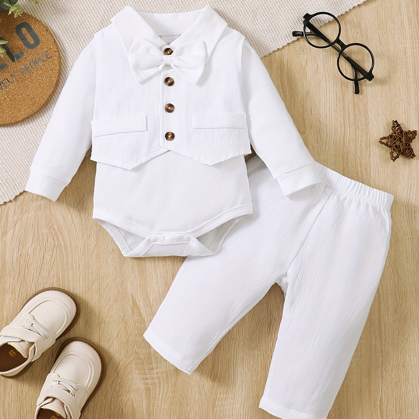 Image of (4pcs Set) Infant Baptism Outfit Long Sleeve Collar Bodysuit And Open Front Vest And Long Pants And Bow Tie Formal Comfortable Baptism Outfit, Boys And Gilrs Clothes