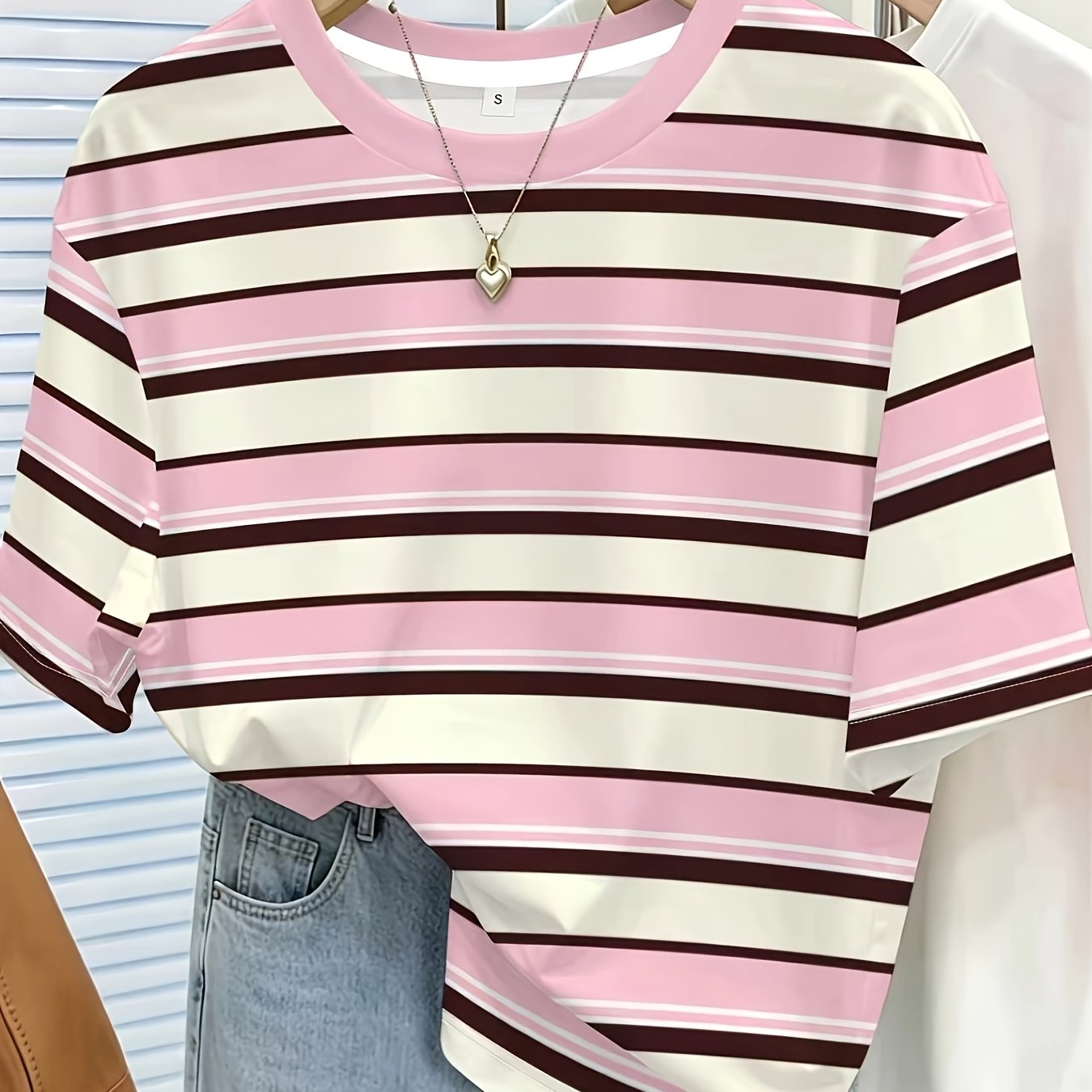 TEMU [printed Design- Not Textured] Bohemian Farmhouse Style Ins Light And Breathable Everyday Versatile Striped Women's Printed Round Neck