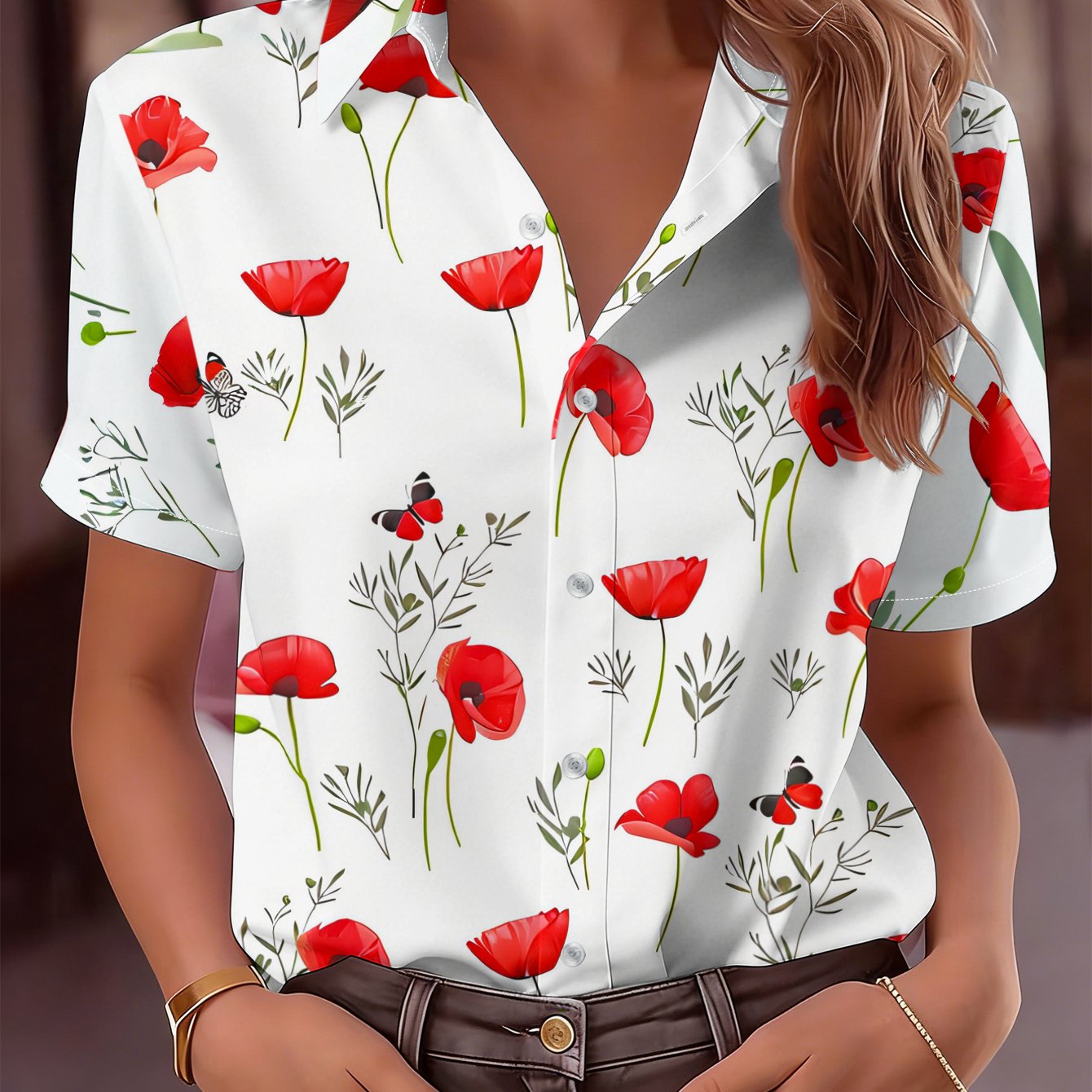 TEMU Women's Fashion Short-sleeve Shirt With Red Poppy Flower, , And Green Leaf Print On White Background, Button-up Top