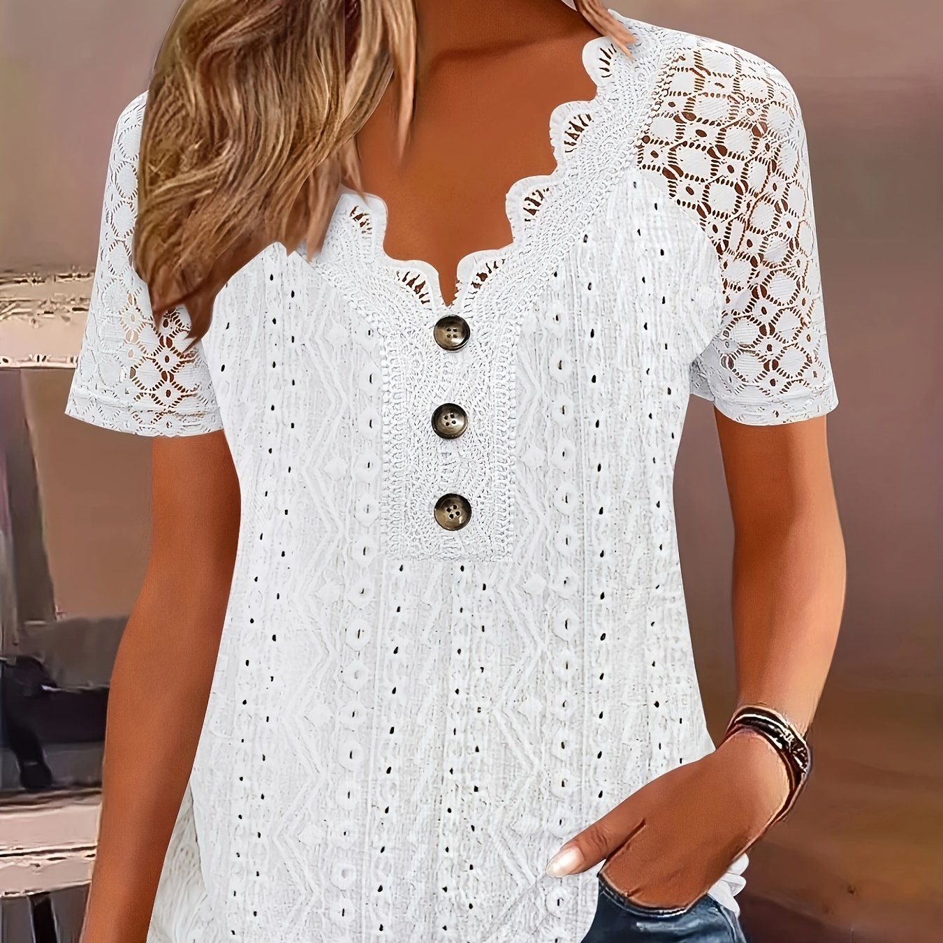 Image of Women's Fashion Embroidered Eyelet Jacquard Lace Button Short Sleeve T-shirt