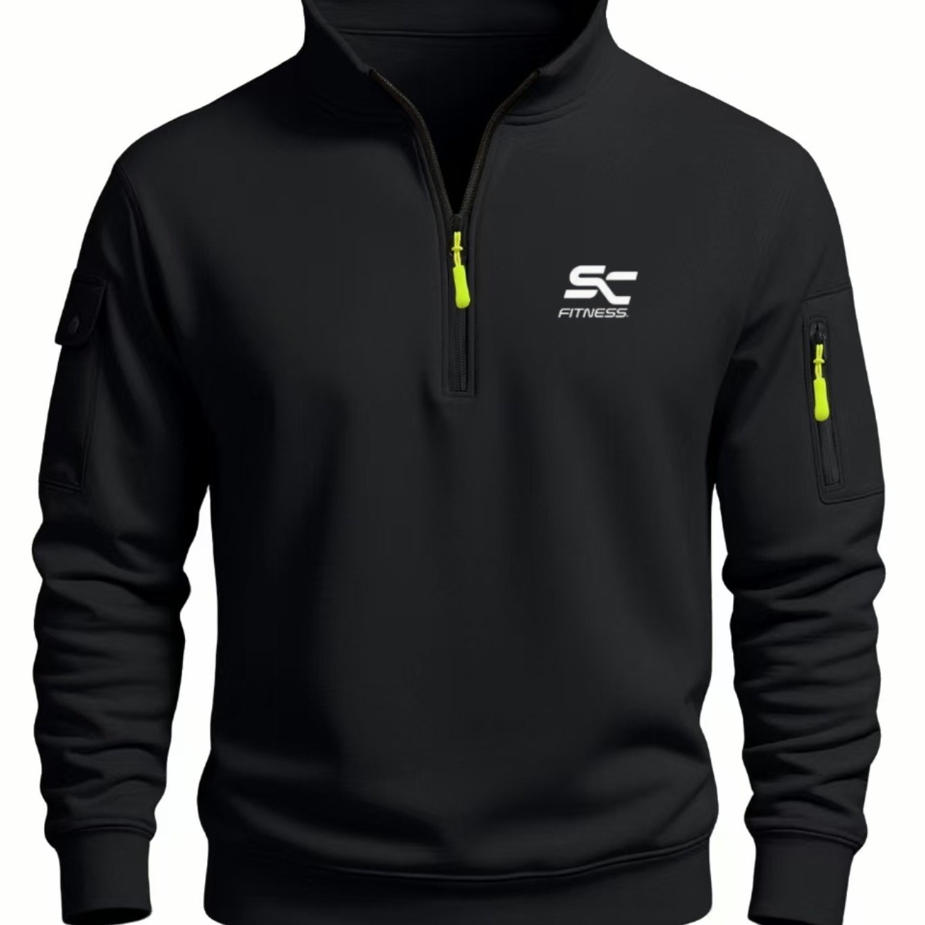 TEMU Trendy Classic Half-zip Collar Sweatshirt With Front Print, Workwear-inspired Men's Style Featuring Dual Side Pockets And Zipper Design. Perfect
