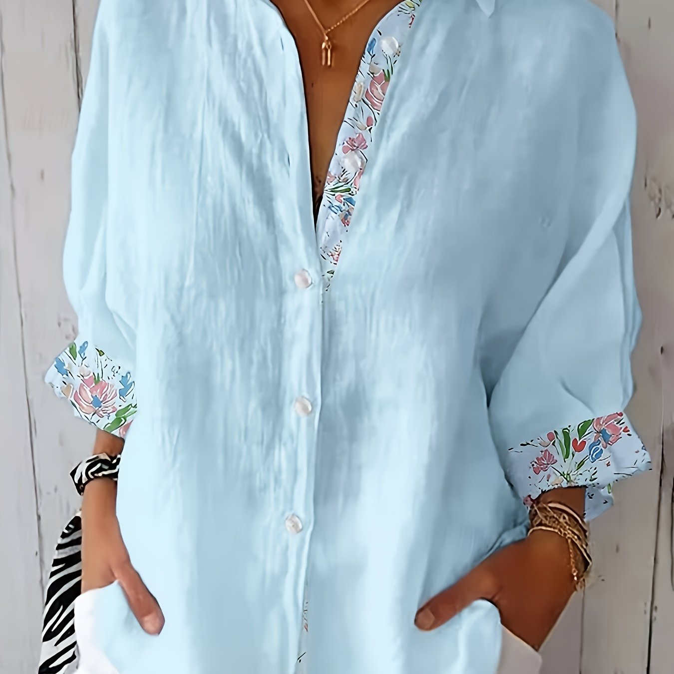 E-shop Damen Langarm-Blumen-Patchwork-Shirt für den Casual-Urlaub