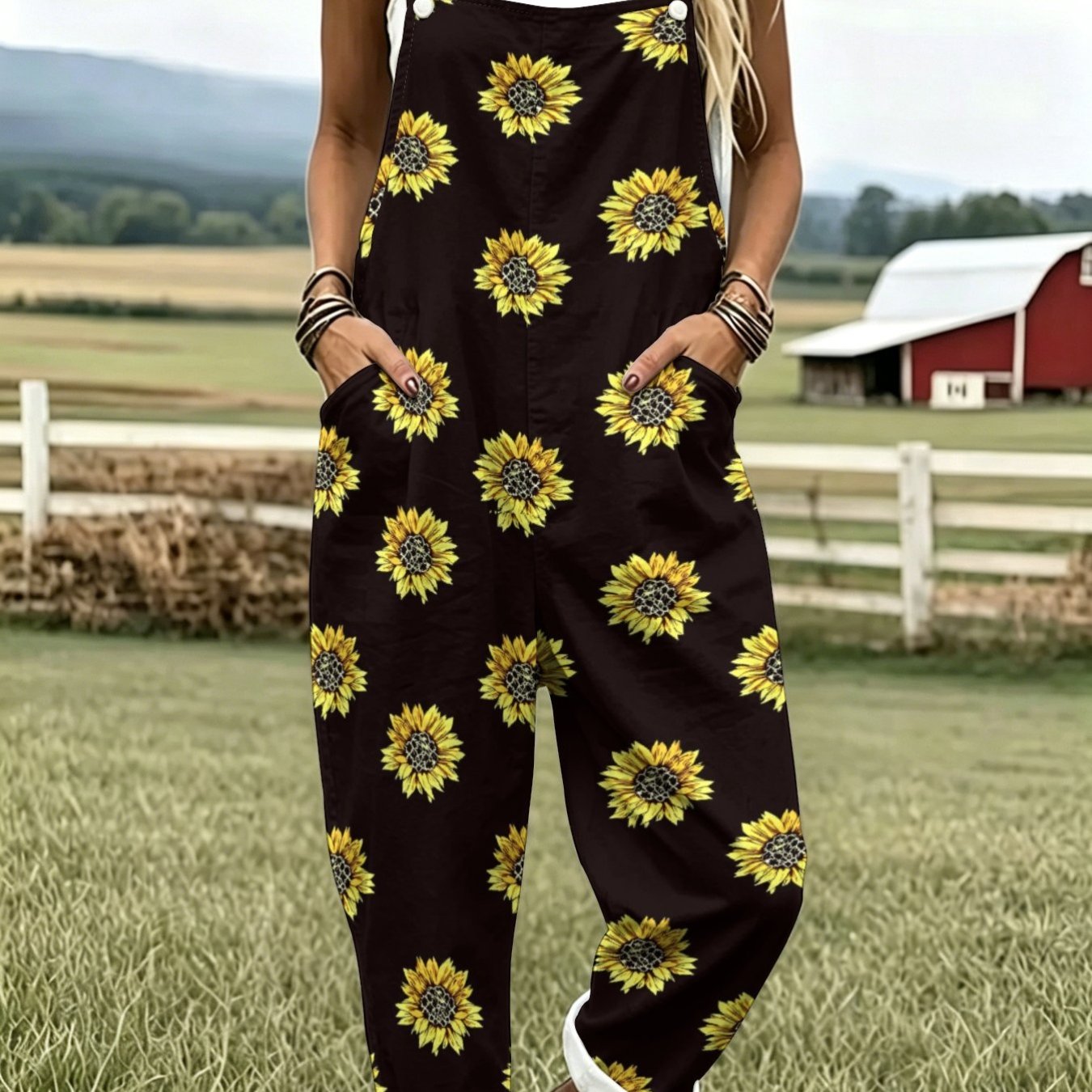 TEMU Women's Chrysanthemum Print Overalls - Sleeveless Button-front Pants With Pockets, Loose Fit Full-bottom Design, Machine Washable For Spring