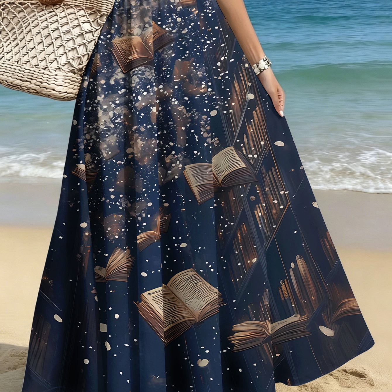 TEMU Plus-size Women's Elegant And Stylish Half Skirt, Casual Printed Midi Skirt With "books Fluttering Under The Starry Sky" Print, Suitable For