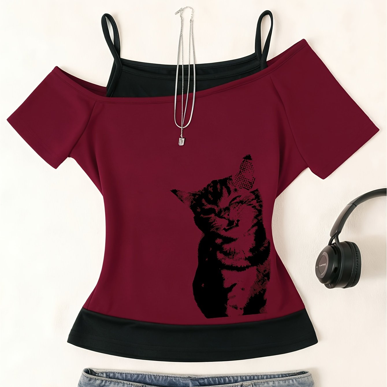 TEMU D372 - A Fashionable Fake Two-piece Top, Spring And Summer Slim Fit Versatile Off-shoulder Hot Short-sleeved T-shirt, Fashionable Print Pattern,