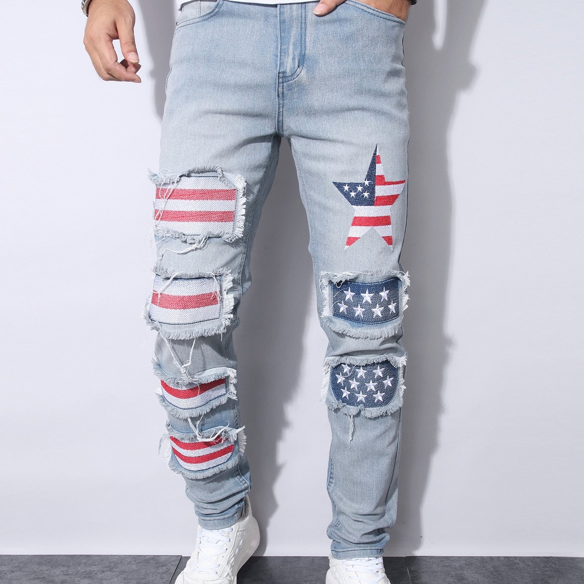 TEMU Men's Stretch Denim Jeans With Rips, Vintage Patches, And , Suitable For And Versatile For And Fashion.