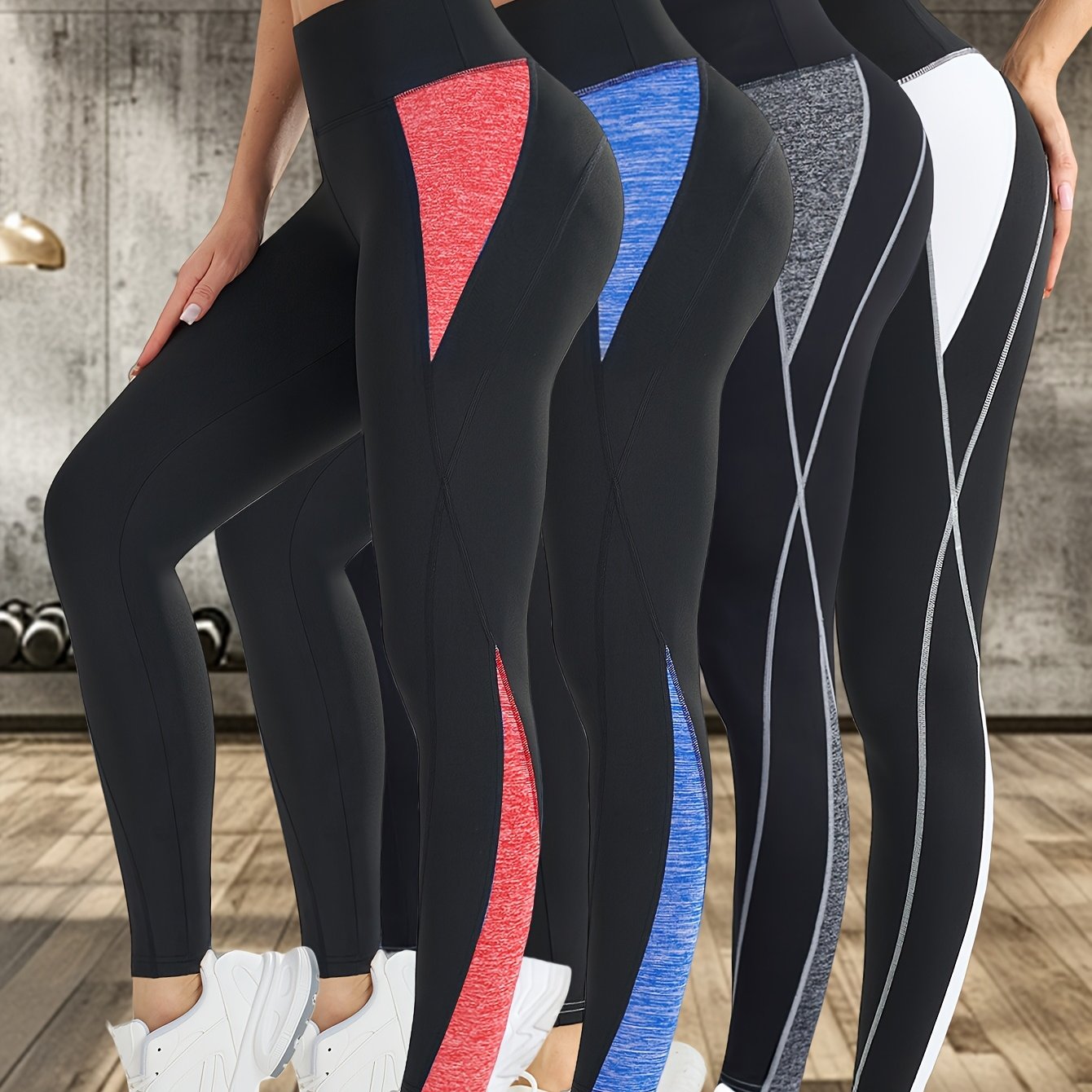 TEMU Pantalones de yoga para mujer, 4 piezas, pantalones deportivos de fitness para exteriores, pantalones largos elásticos de control de abdomen y