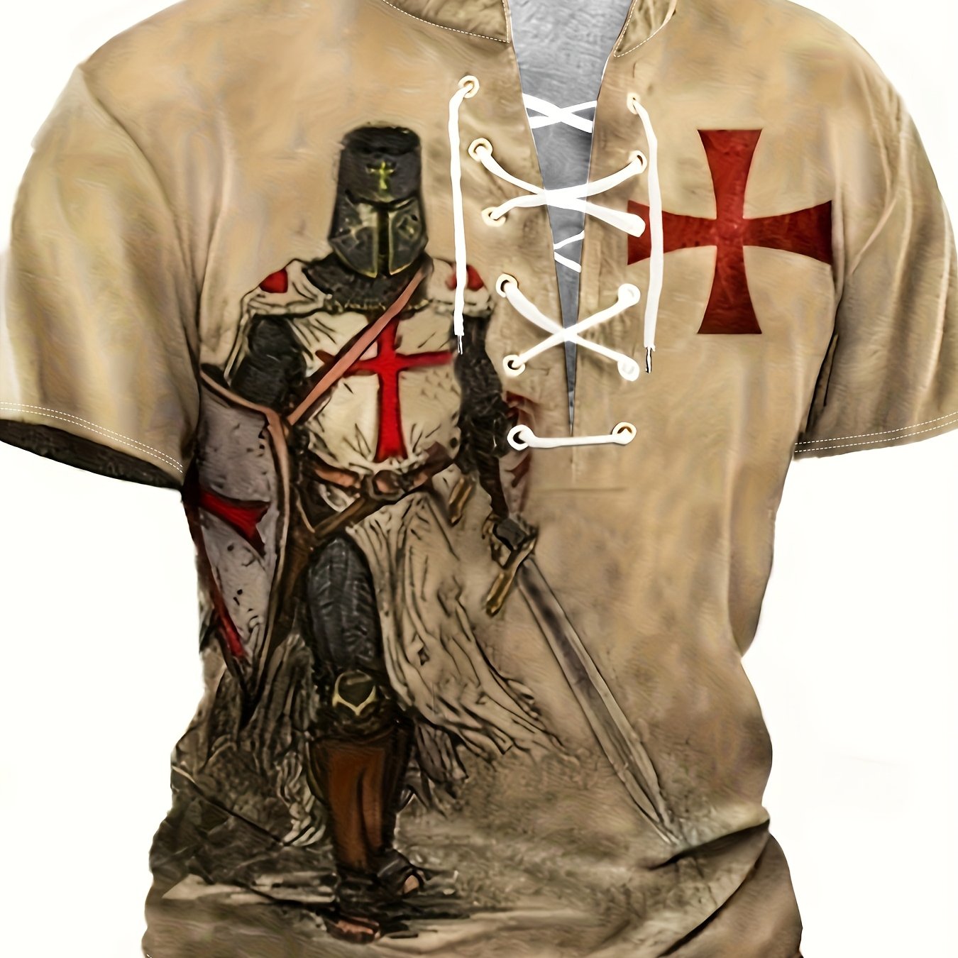 Men's Medieval Knight Graphic Print Henley Shirt - Breathable Short Sleeve Casual Top With Collar, Machine Washable Summer Outdoor Shirt For Adults, , Design, , Fashion Enthusiasts