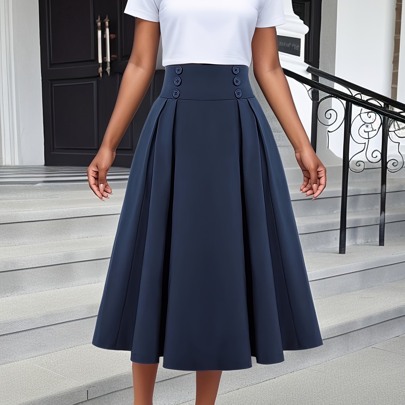 Image of Pleated Skirt Half Skirt New Style Pocket High-waist Casual A-line Midi Skirt