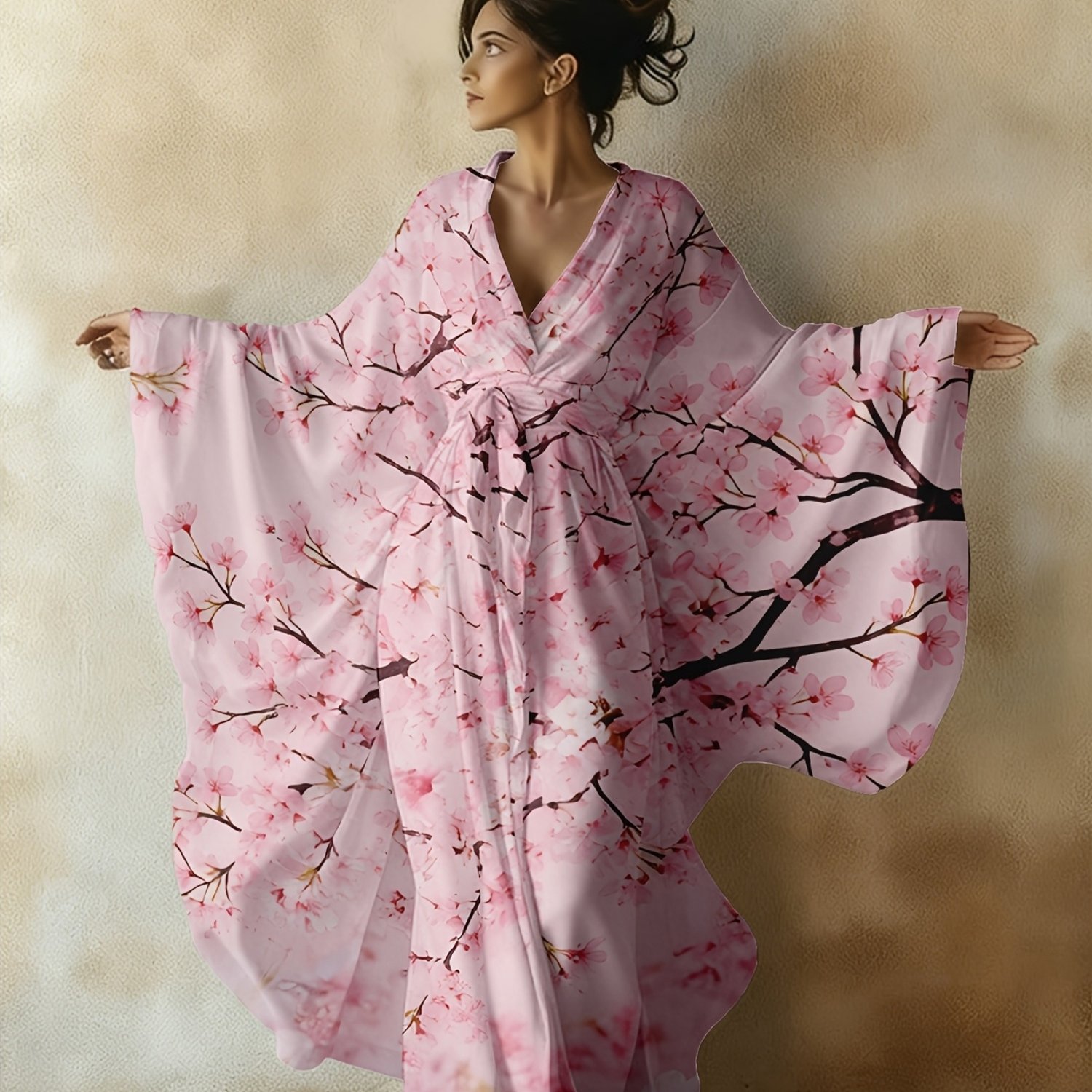 Image of Plus Size Women's Kimono Wind Bathrobe Dress Cherry Print V-neck Loose Long Sleeve Light Casual Robe, Suitable For Relaxation