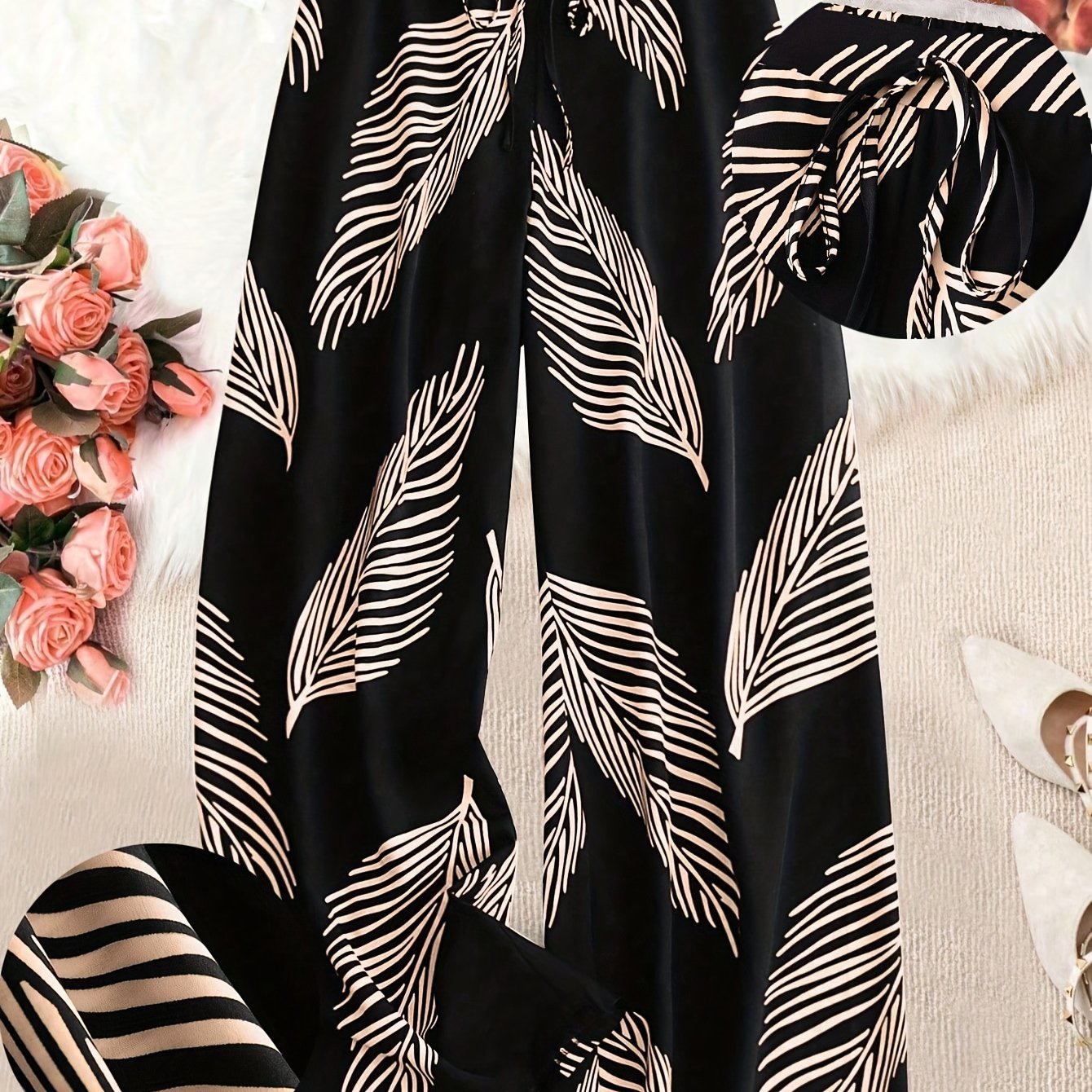 E-shop Elegante Damenhose mit breitem Bein und Print - Schwarz-Weißes Blättermuster, elastischer Bund mit Kordelzug, lockere Freizeithose für Frühling,