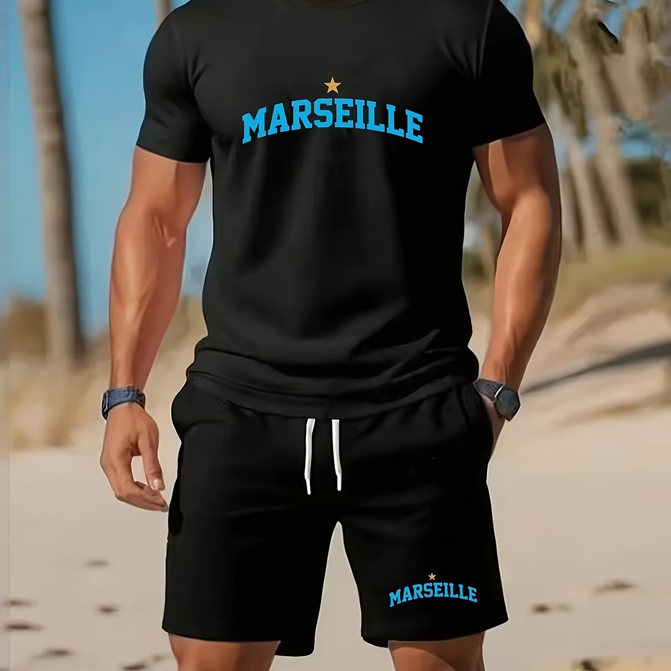 TEMU Ensemble T-shirt et short pour homme, style , imprimé tendance, confortable et décontracté en polyester
