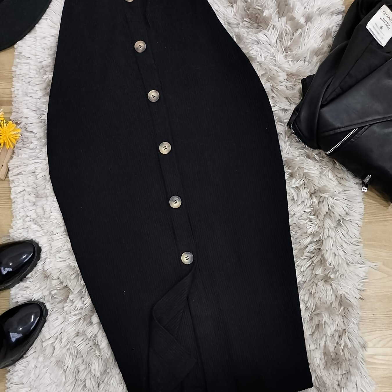TEMU Women' Midi Skirt - Figure-hugging Button Closure Skirt With Slit Hem, Machine Washable Black Stretch Skirt Suitable For Work & Casual, - Office