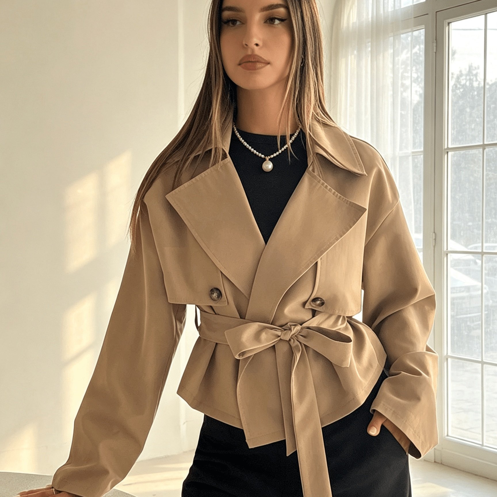 TEMU Abrigo Corto Trench para Mujer, Solapa Abotonada de Botón, Cintura con , Petite, Color Caqui, Trench Corto con Personalidad